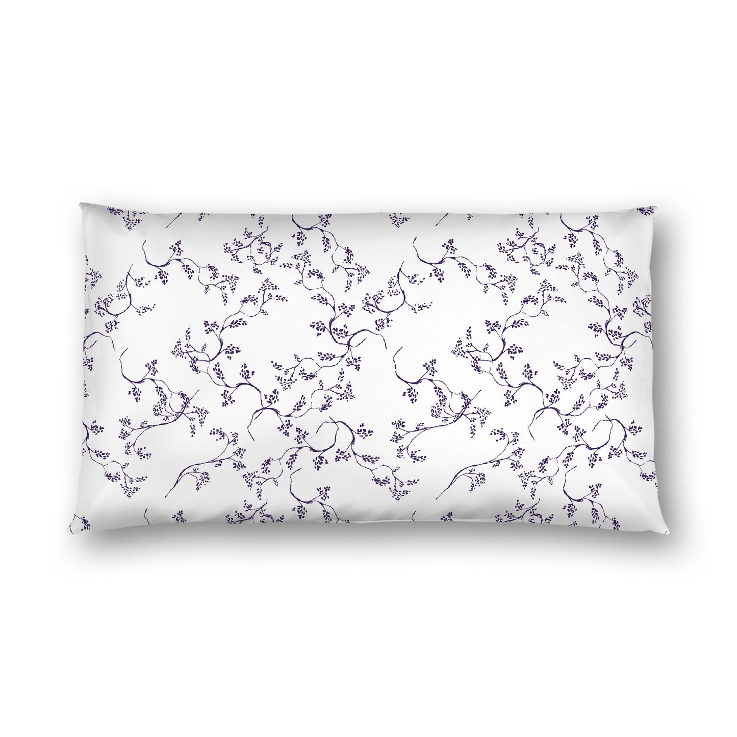 Off-white Cotton Sateen Pillow Sham, Purple Hand-painted Vine Print, White Reverse Side, King - 20 x 36 inches