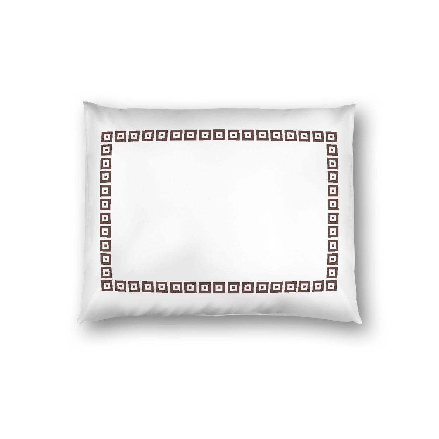 Off-white Cotton Sateen Pillow Sham, Brown Repeating Square Motif Print, Classic Border, White Reverse Side, Standard - 20 x 26 inches