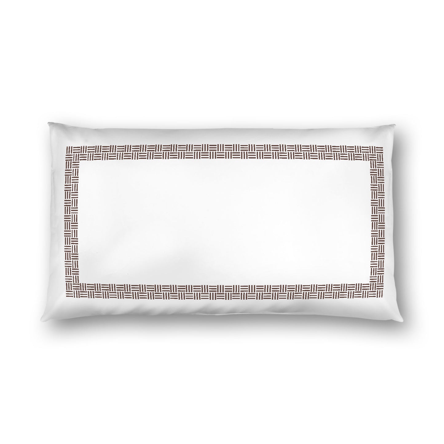 Off-white Cotton Sateen Pillow Sham, Brown Double Weave Motif Print, Classic Border, White Reverse Side, King - 20 x 36 inches