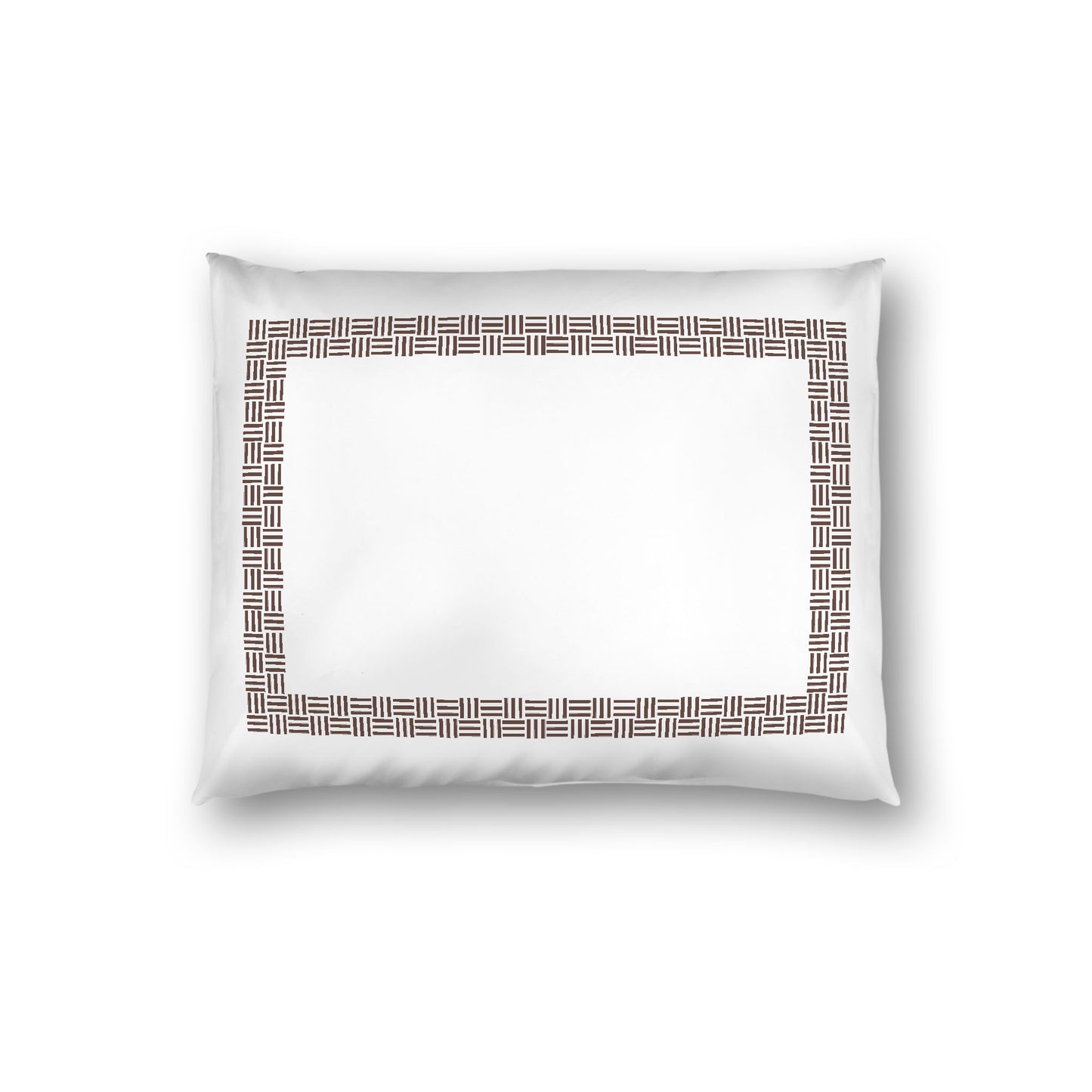 Off-white Cotton Sateen Pillow Sham, Brown Double Weave Motif Print, Classic Border, White Reverse Side, Standard - 20 x 26 inches