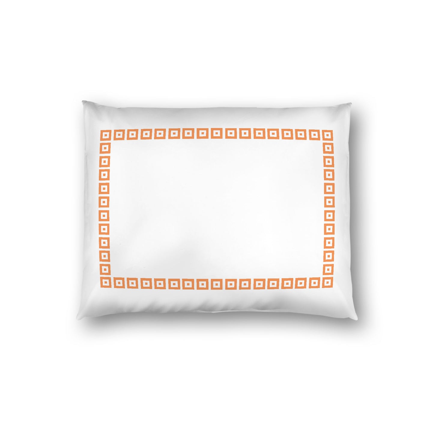 Off-white Cotton Sateen Pillow Sham, Orange Repeating Square Motif Print, Classic Border, White Reverse Side, Standard - 20 x 26 inches
