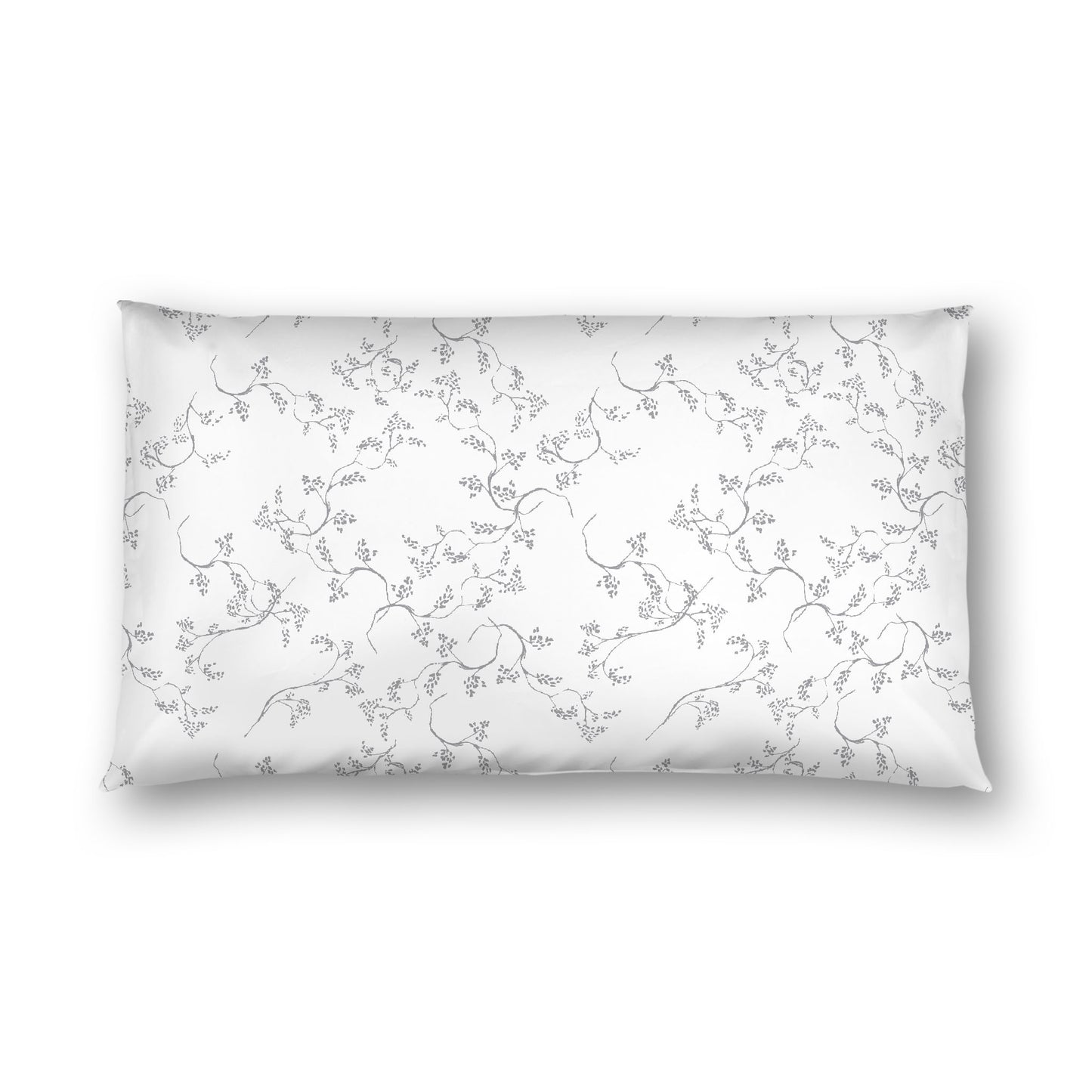 Off-white Cotton Sateen Pillow Sham, Grey Hand-painted Vine Print, White Reverse Side, King - 20 x 36 inches