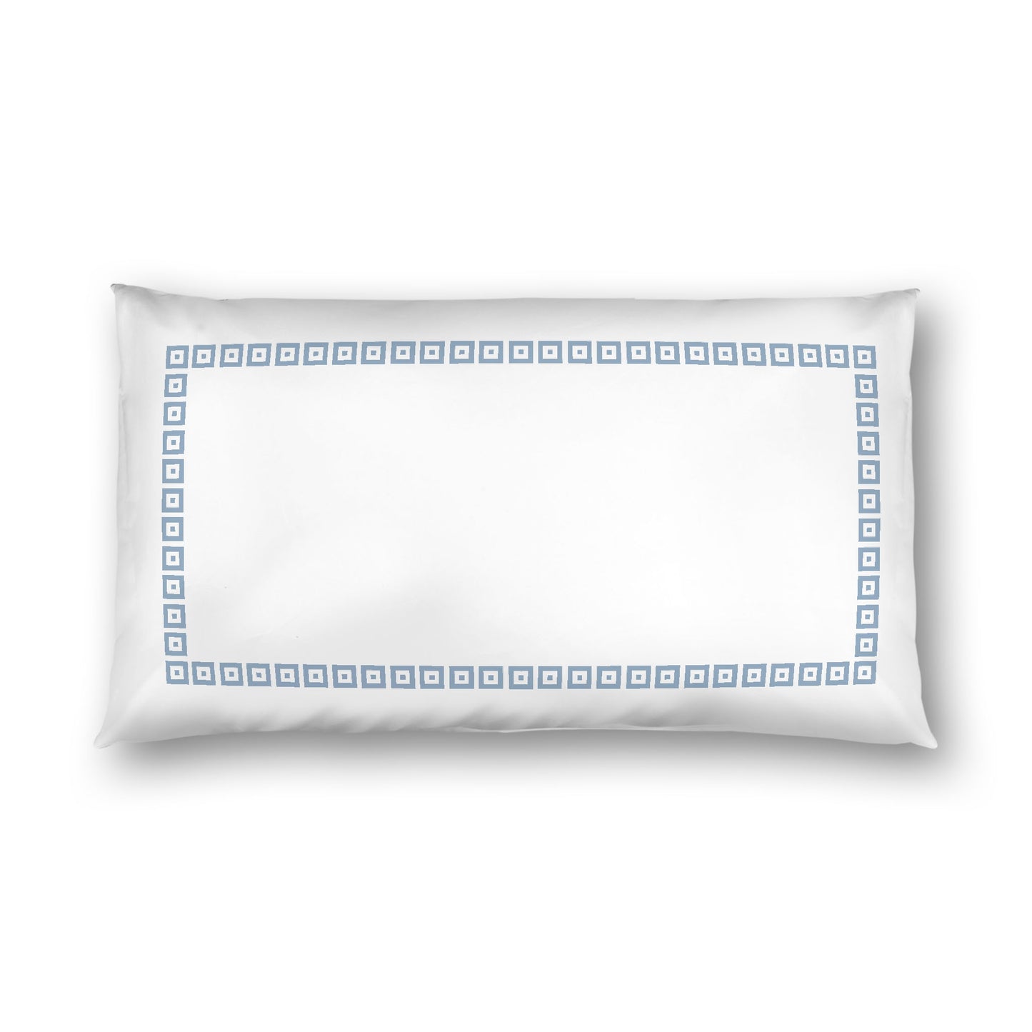 Off-white Cotton Sateen Pillow Sham, Blue Repeating Square Motif Print, Classic Border, White Reverse Side, King - 20 x 36 inches