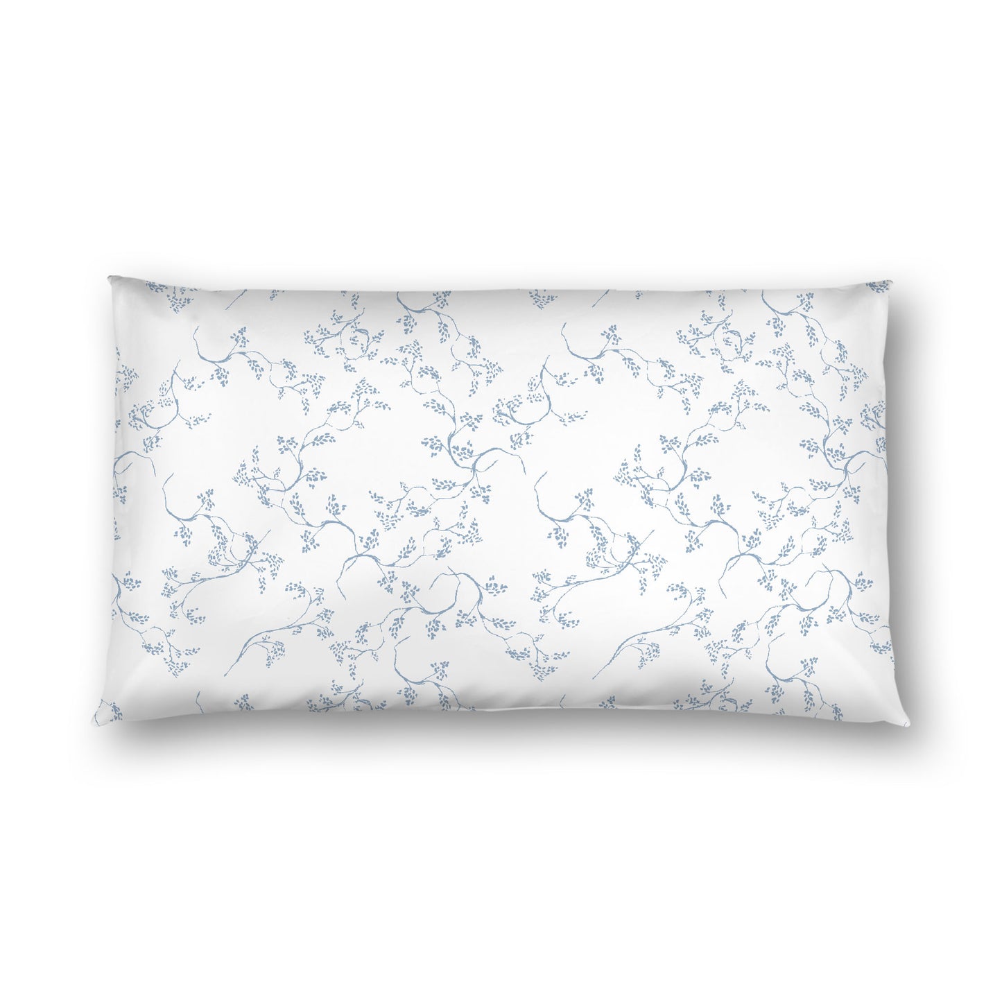 Off-white Cotton Sateen Pillow Sham, Blue Hand-painted Vine Print, White Reverse Side, King - 20 x 36 inches