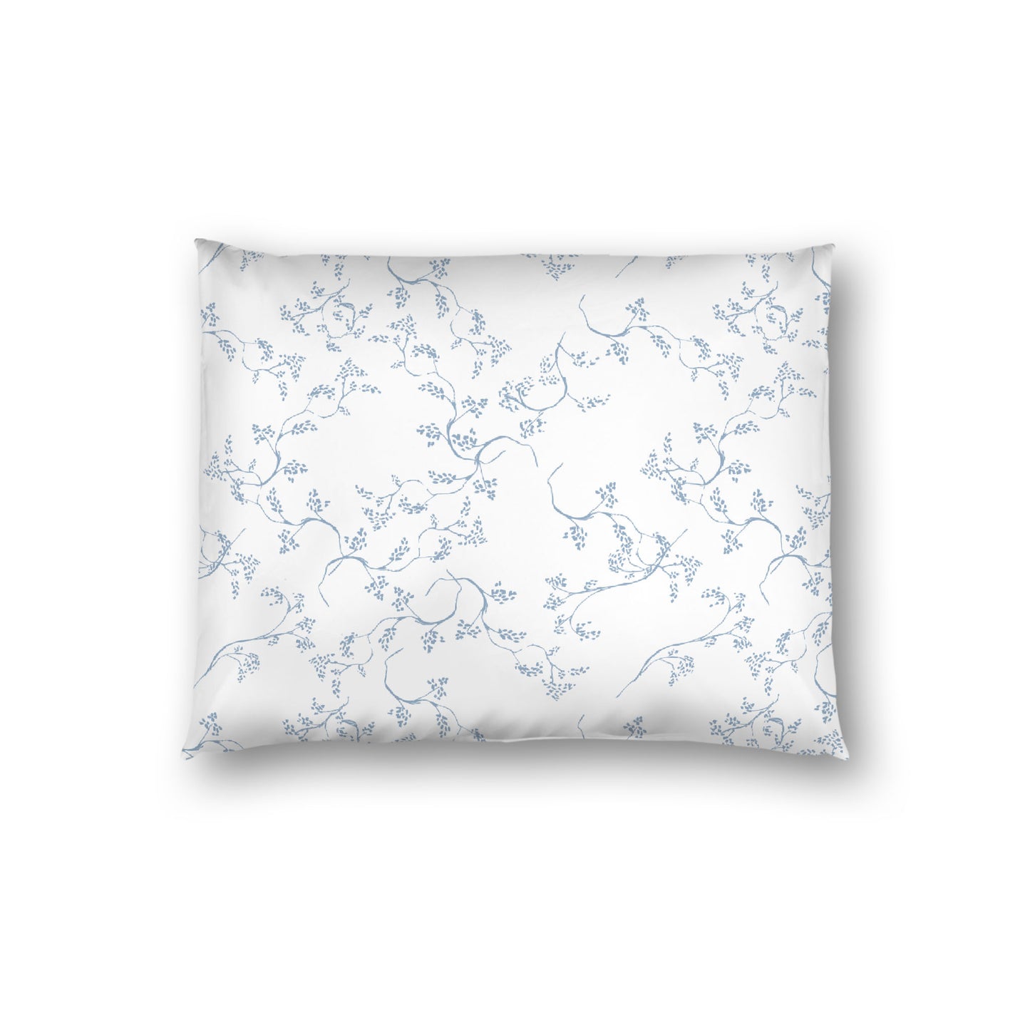 Off-white Cotton Sateen Pillow Sham, Blue Hand-painted Vine Print, White Reverse Side, Standard - 20 x 26 inches