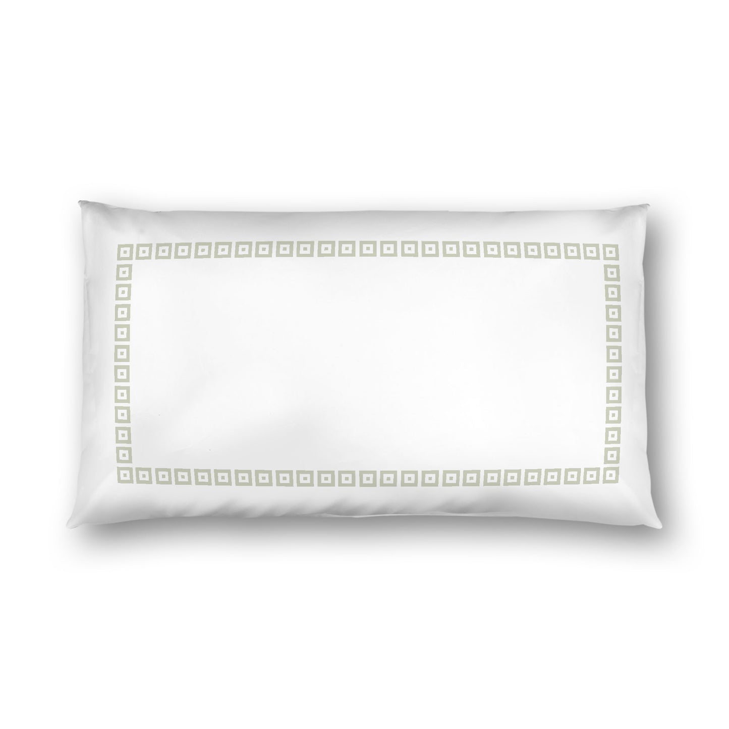 Off-white Cotton Sateen Pillow Sham, Pale Green Repeating Square Motif Print, Classic Border, White Reverse Side, King - 20 x 36 inches