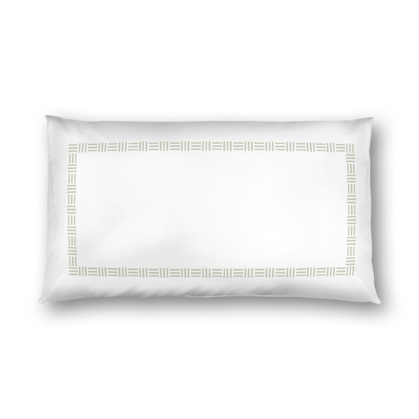 Off-white Cotton Sateen Pillow Sham, Pale Green Single Weave Motif Print, Classic Border, White Reverse Side, King - 20 x 36 inches