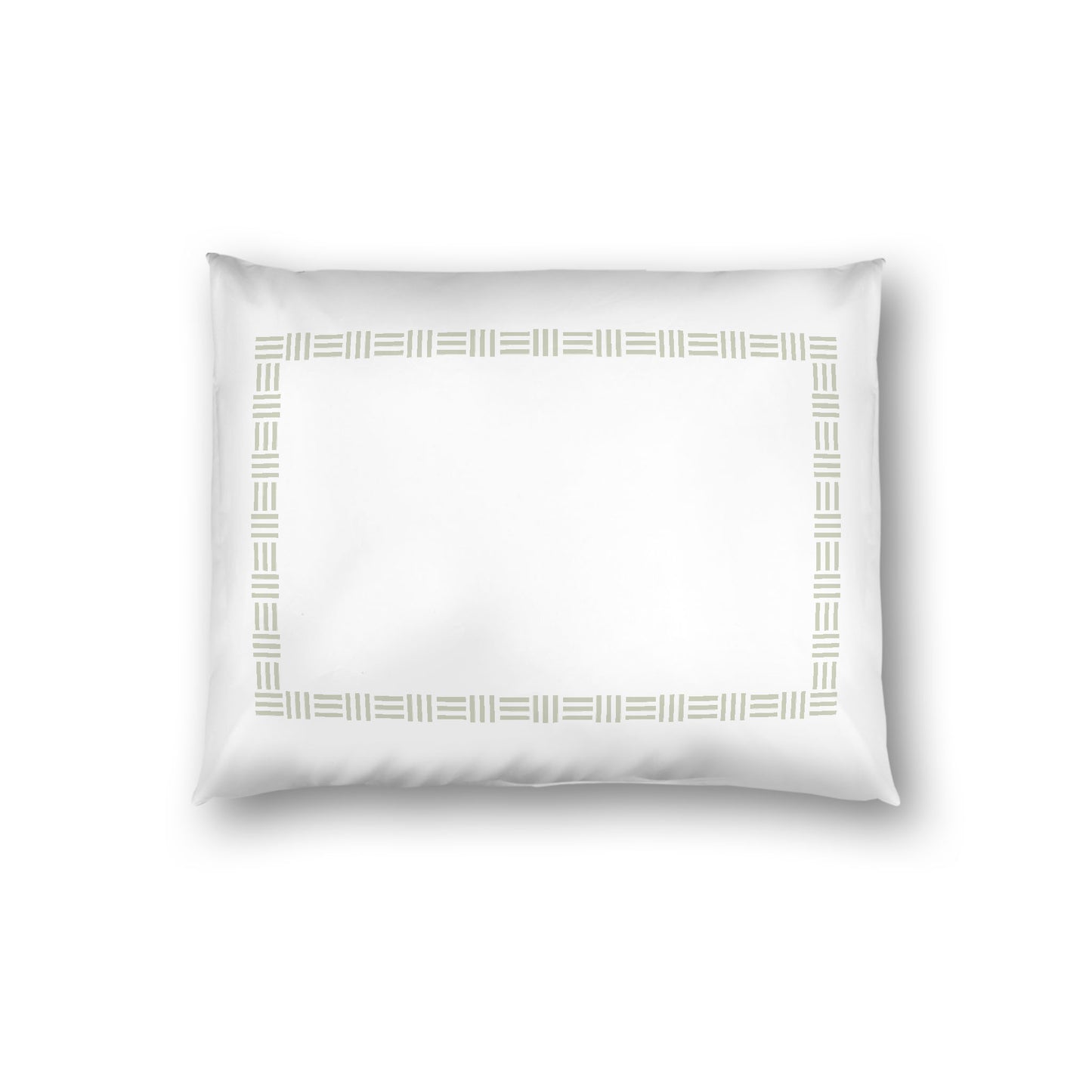 Off-white Cotton Sateen Pillow Sham, Pale Green Single Weave Motif Print, Classic Border, White Reverse Side, Standard - 20 x 26 inches