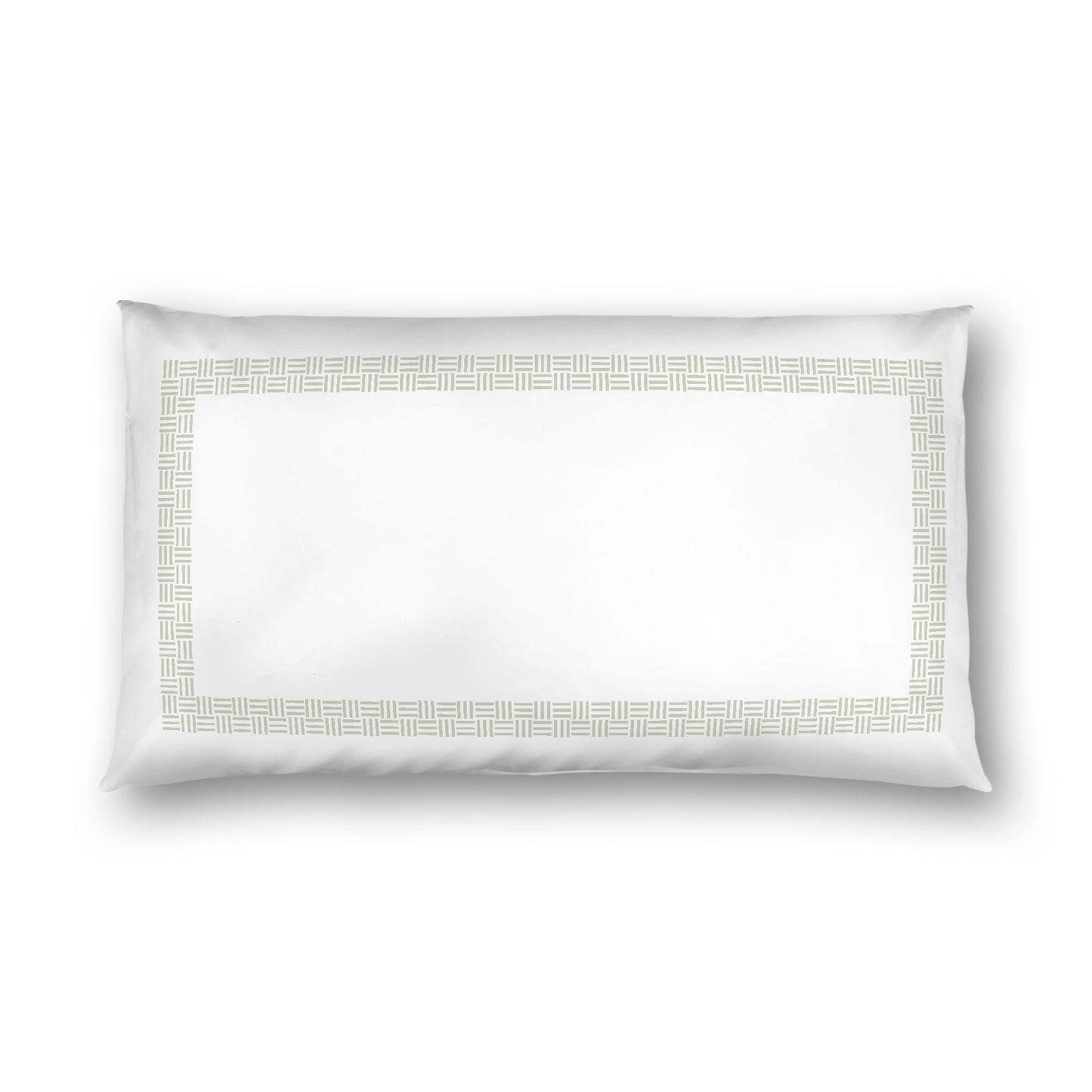 Off-white Cotton Sateen Pillow Sham, Pale Green Double Weave Motif Print, Classic Border, White Reverse Side, King - 20 x 36 inches