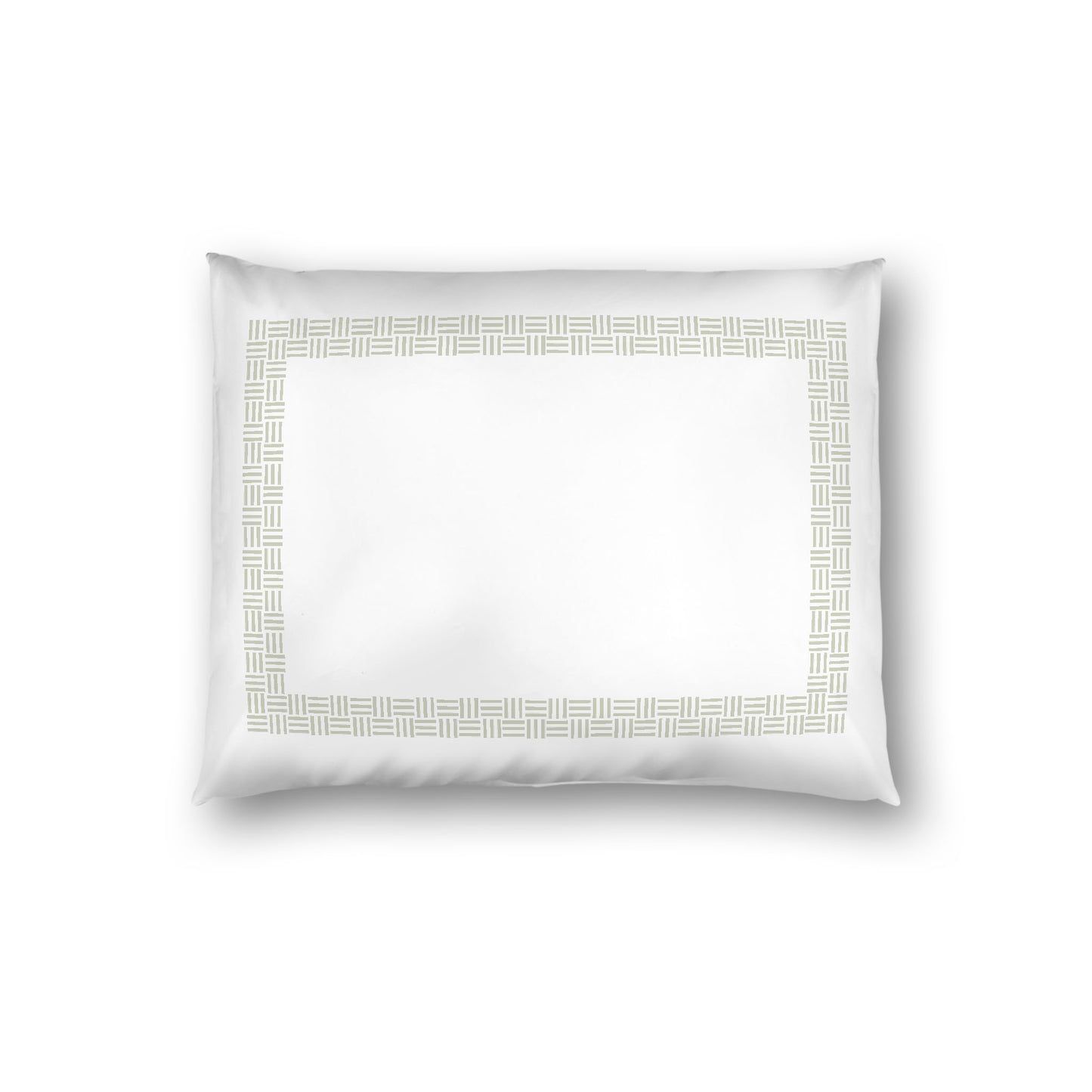 Off-white Cotton Sateen Pillow Sham, Pale Green Double Weave Motif Print, Classic Border, White Reverse Side, Standard - 20 x 26 inches