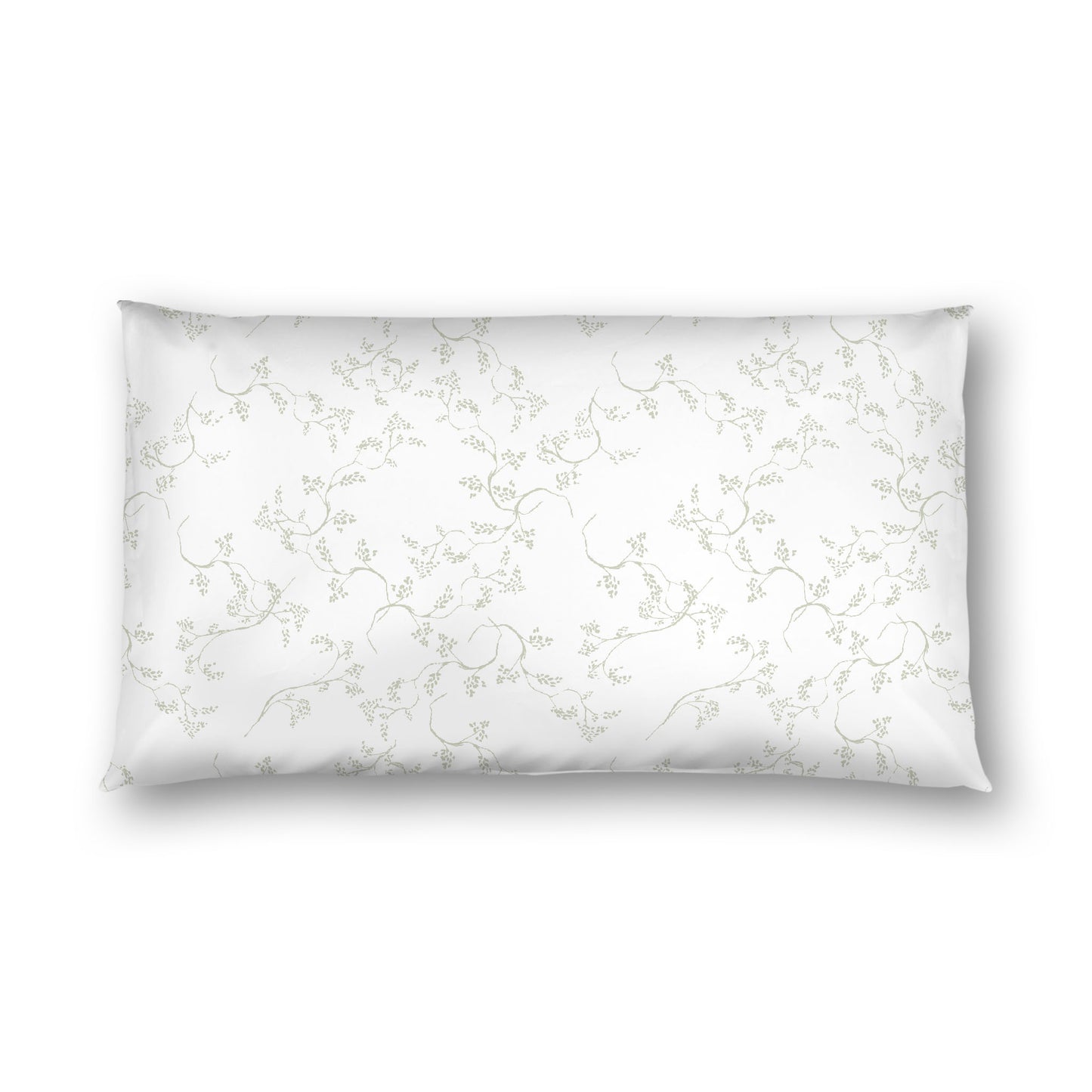 Off-white Cotton Sateen Pillow Sham, Pale Green Hand-painted Vine Print, White Reverse Side, King - 20 x 36 inches