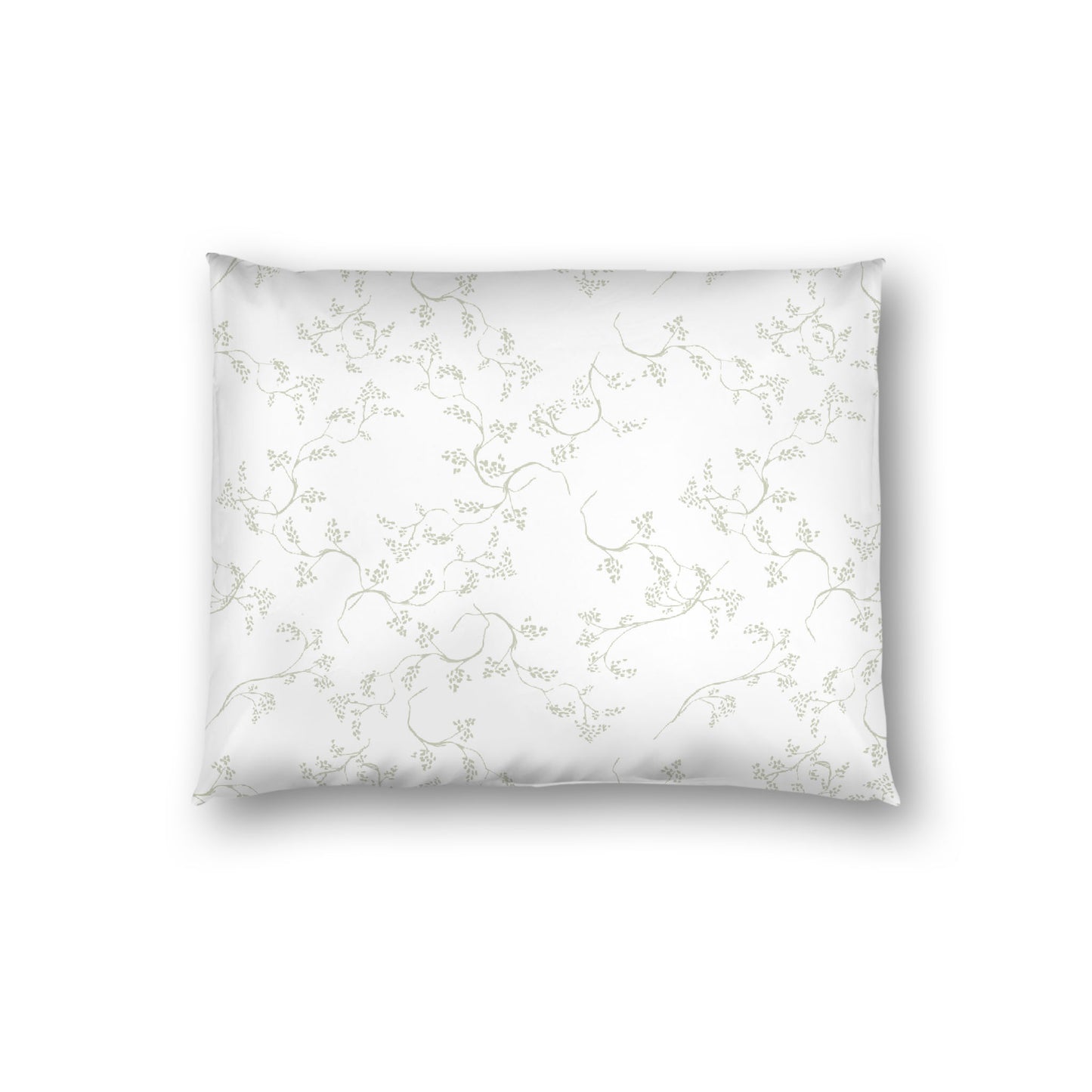 Off-white Cotton Sateen Pillow Sham, Pale Green Hand-painted Vine Print, White Reverse Side, Standard - 20 x 26 inches