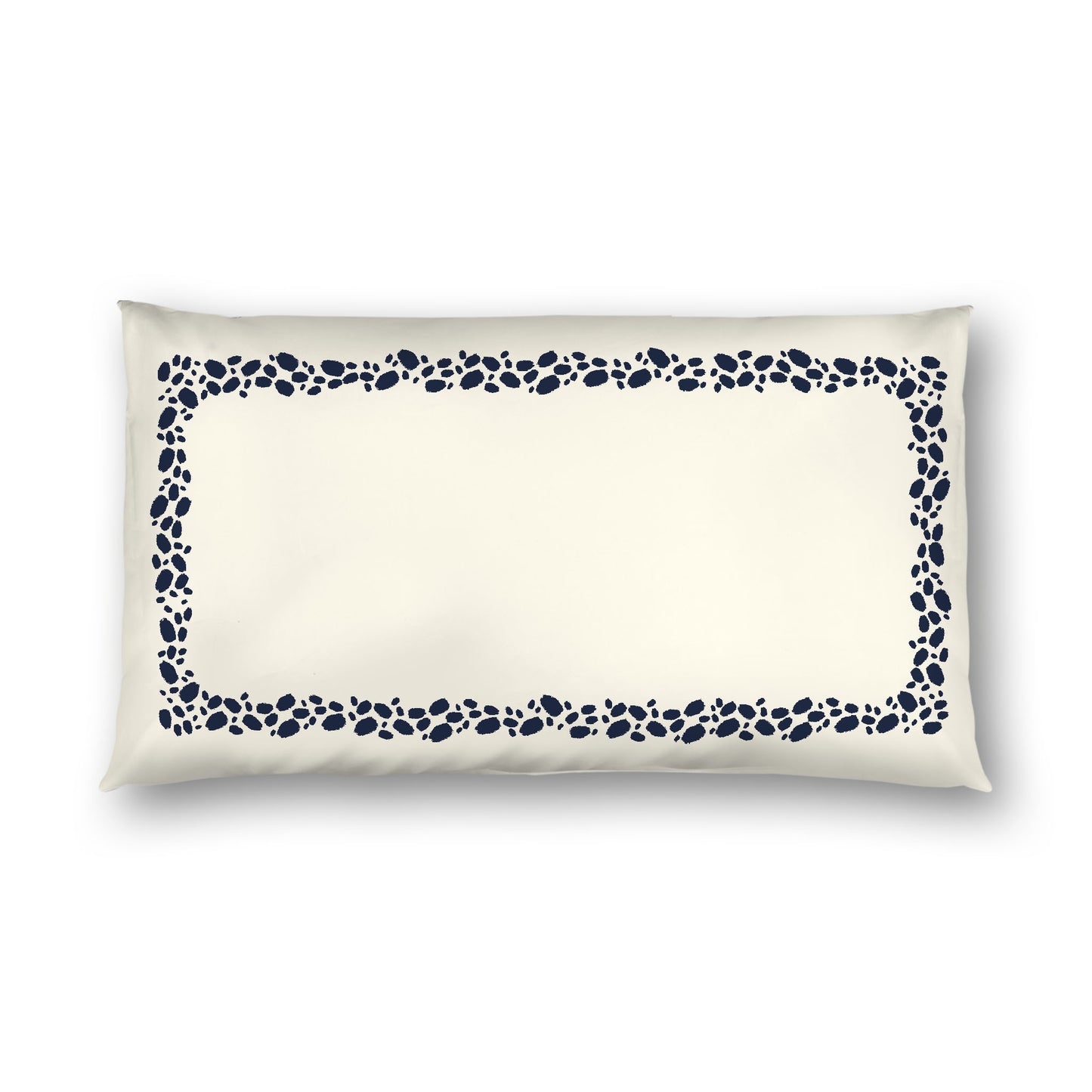 Pale Cream Cotton Sateen Pillow Sham, Navy Blue Hand-painted Dab Motif Print, Classic Border, White Reverse Side, King - 20 x 36 inches