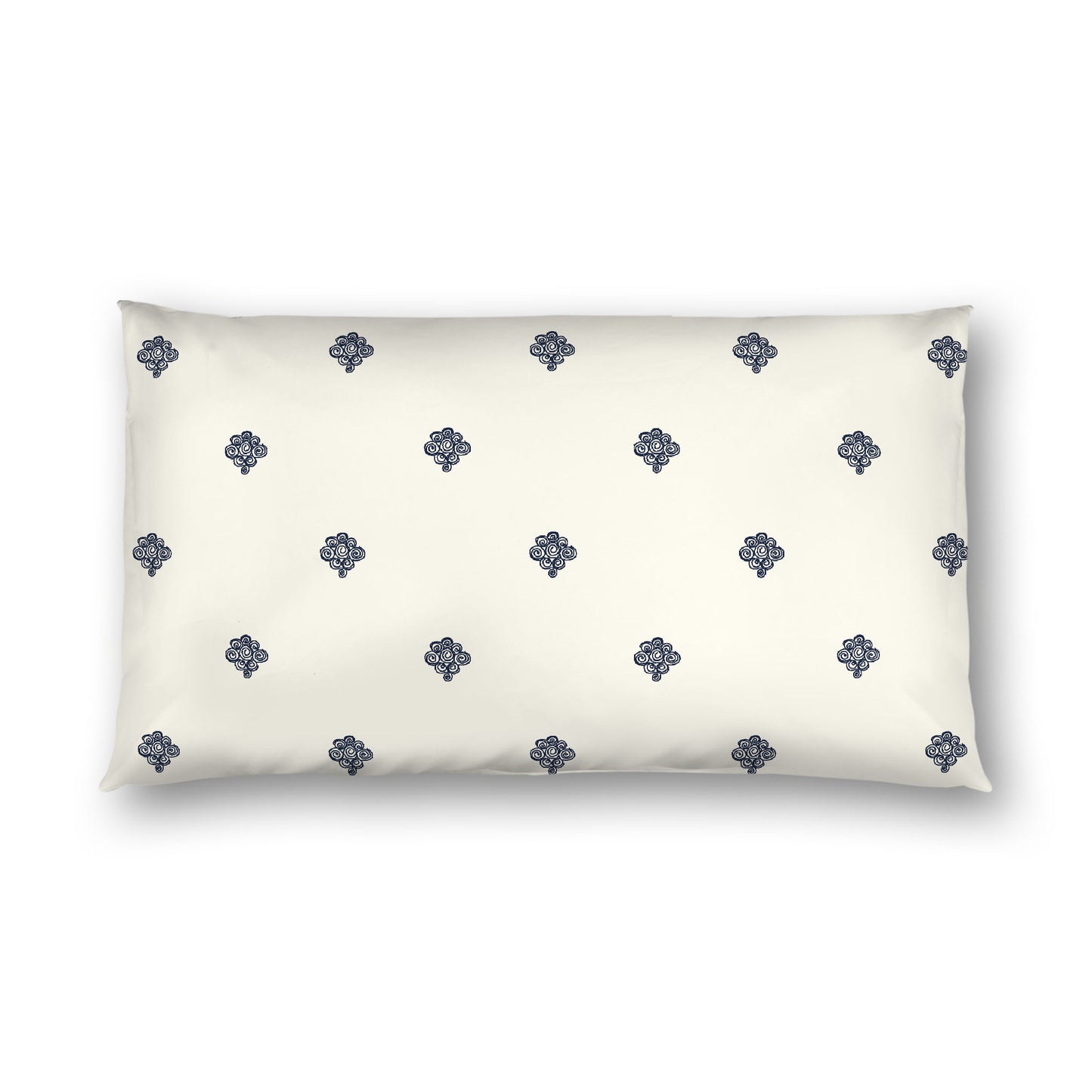 Pale Cream Cotton Sateen Pillow Sham, Navy Blue Hand-painted Swizzle Motif Print, White Reverse Side, King - 20 x 36 inches
