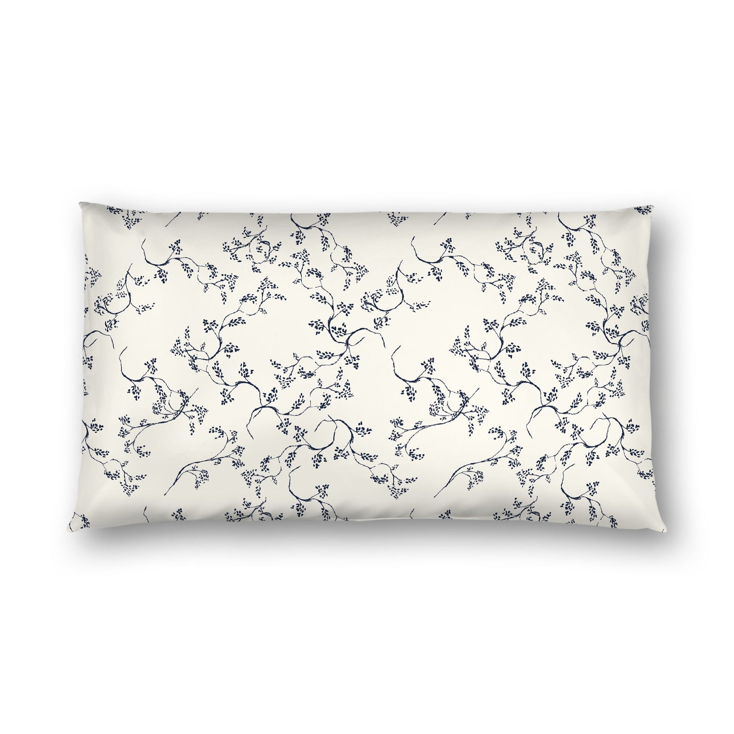 Pale Cream Cotton Sateen Pillow Sham, Navy Blue Hand-painted Vine Print, White Reverse Side, King - 20 x 36 inches