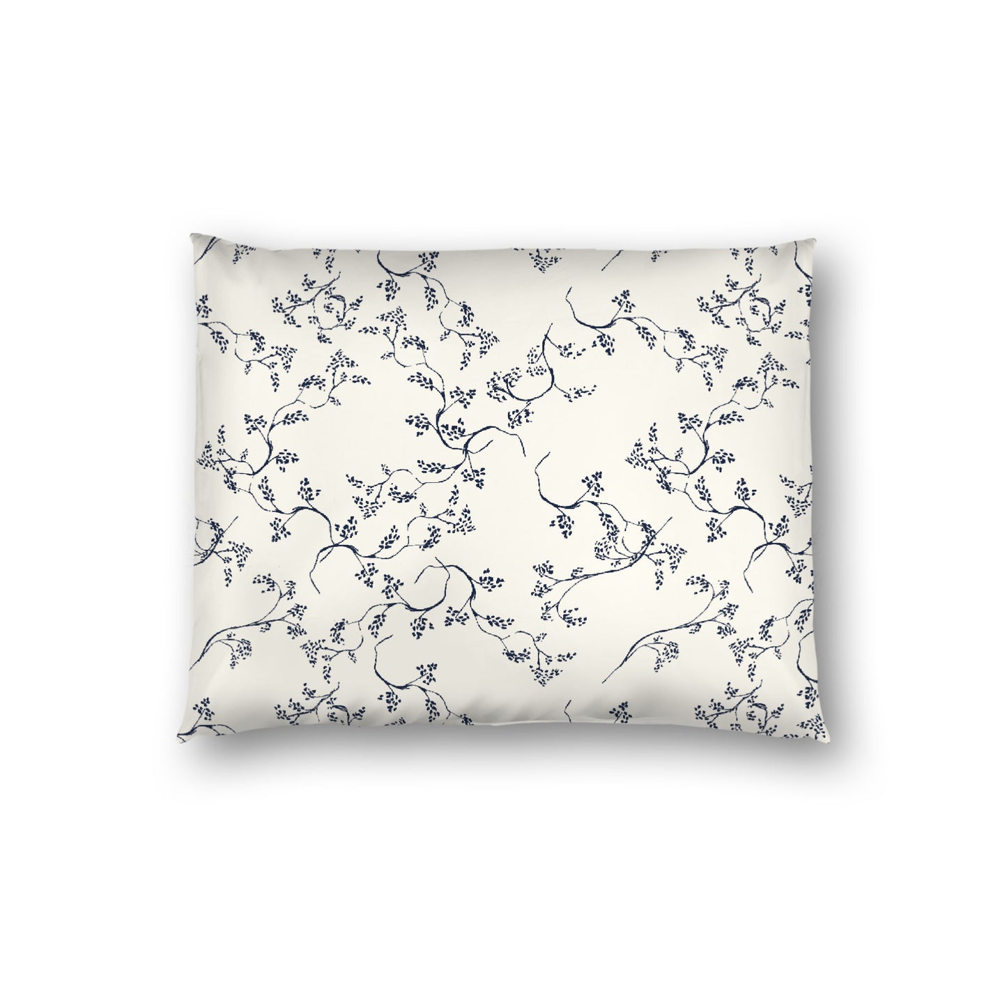 Pale Cream Cotton Sateen Pillow Sham, Navy Blue Hand-painted Vine Print, White Reverse Side, Standard - 20 x 26 inches