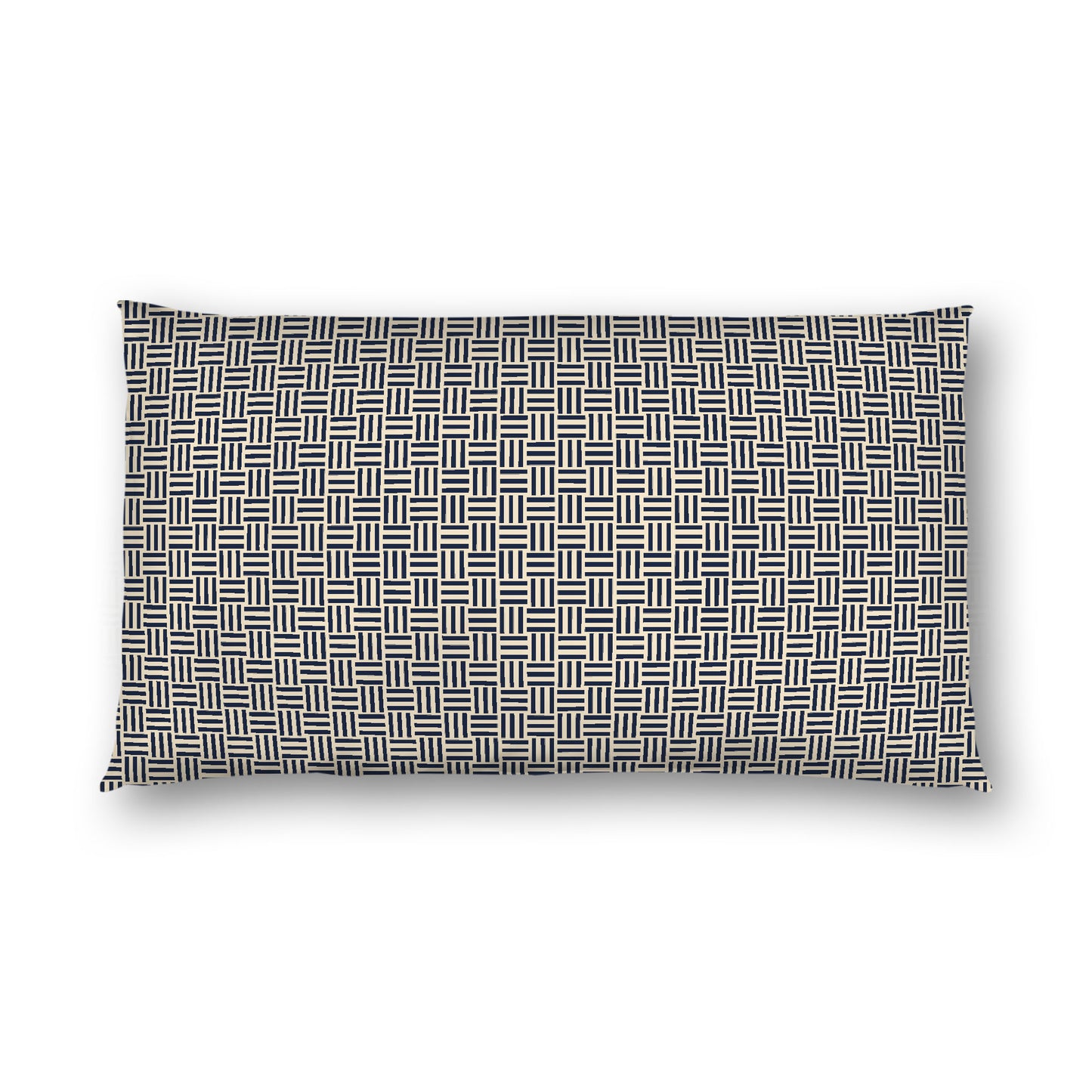 Beige Cotton Sateen Pillow Sham, Navy Blue Single Weave Motif Print, White Reverse Side, King - 20 x 36 inches