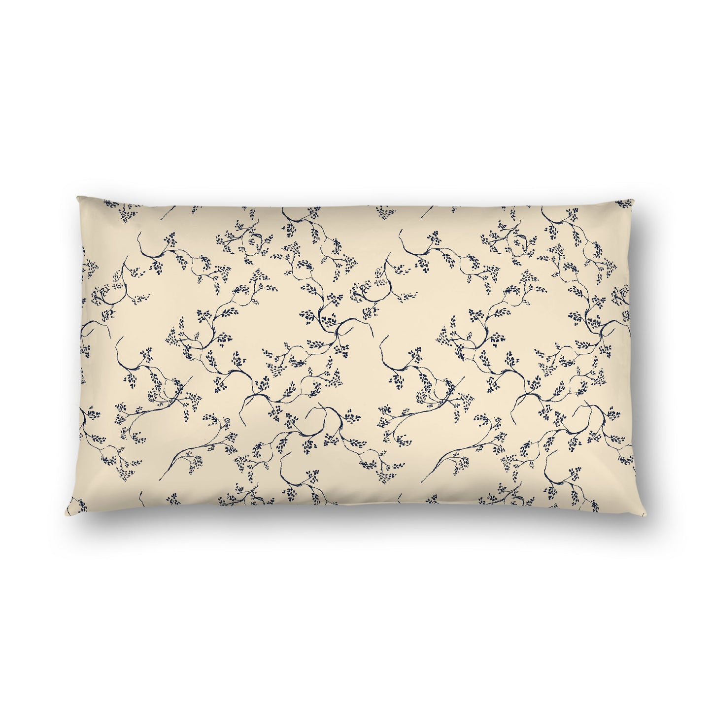 Beige Cotton Sateen Pillow Sham, Navy Blue Hand-painted Vine Print, White Reverse Side, King - 20 x 36 inches