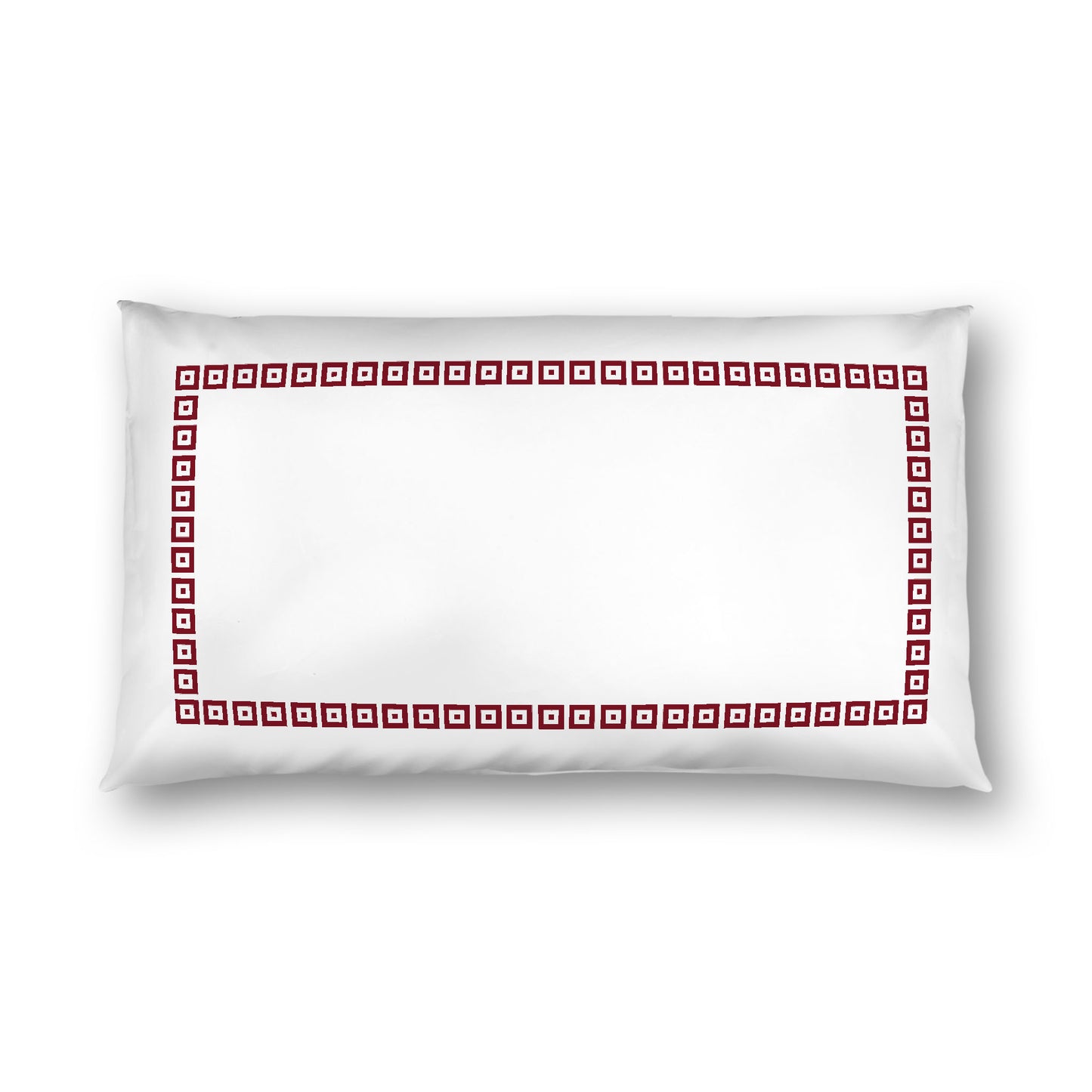 Off-White Cotton Sateen Pillow Sham, Burgundy Red Repeating Square Motif Print, Classic Border, White Reverse Side, King (width x length) 20 x 36 inches / 51 x 91 cm