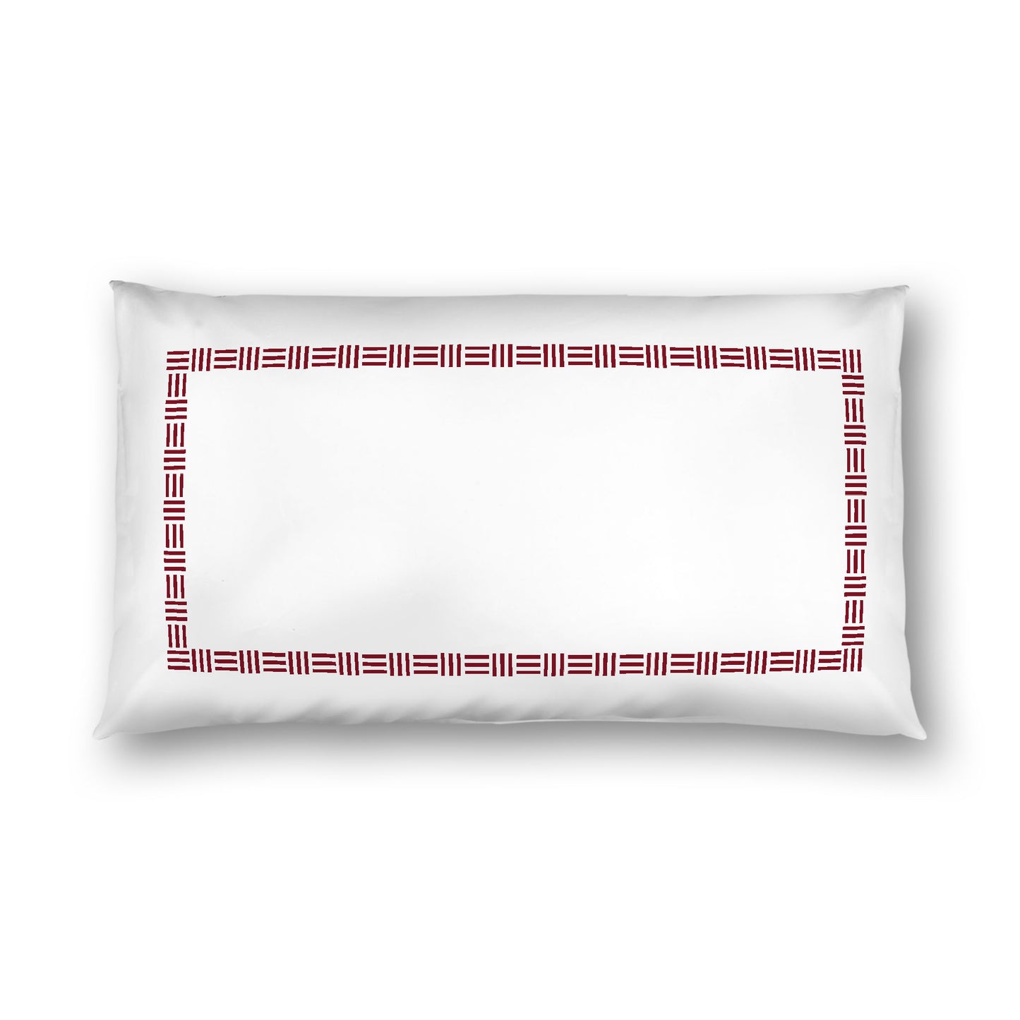 Off-White Cotton Sateen Pillow Sham, Burgundy Red Single Weave Motif Print, Classic Border, White Reverse Side, King (width x length) 20 x 36 inches / 51 x 91 cm
