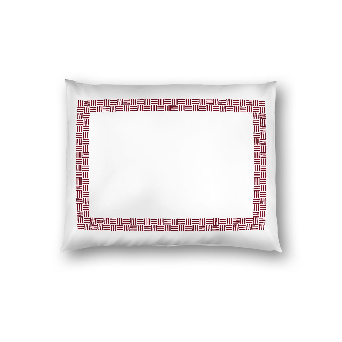 Off-White Cotton Sateen Pillow Sham, Burgundy Red Double Weave Motif Print, Classic Border, White Reverse Side, Standard (width x length) 20 x 26 inches / 51 x 66 cm