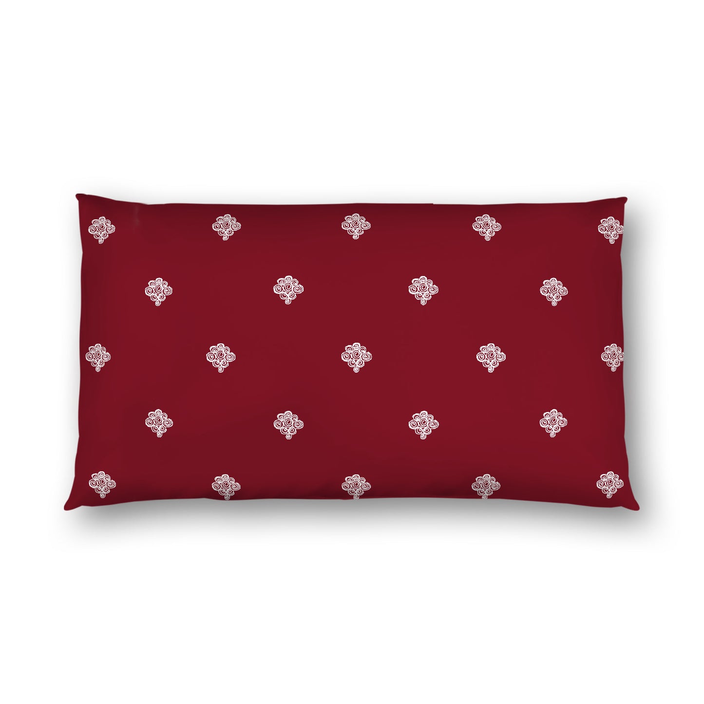 Burgundy Red Cotton Sateen Pillow Sham, Off-White Hand-painted Swizzle Motif Print, White Reverse Side, King (width x length) 20 x 36 inches / 51 x 91 cm