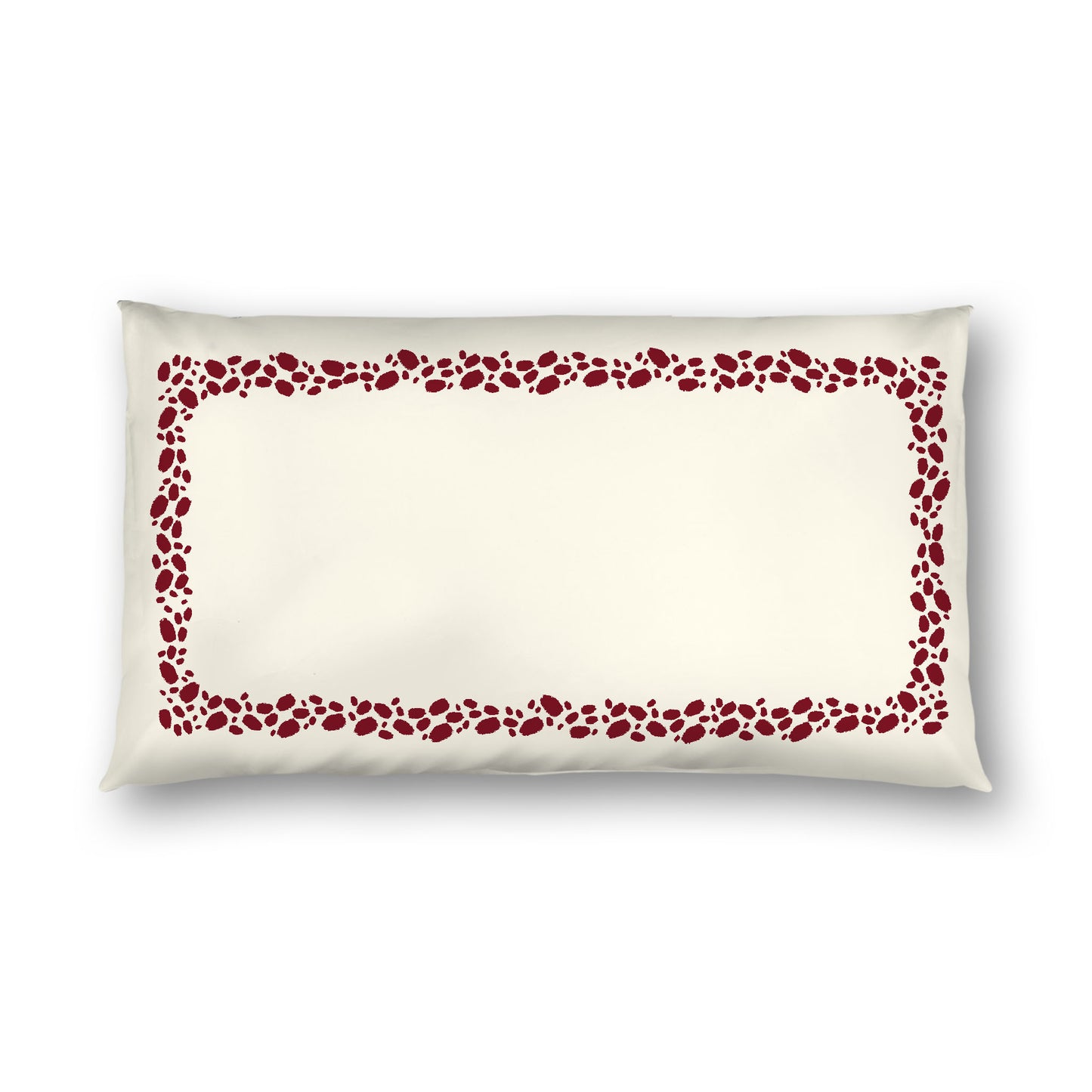 Pale Cream Cotton Sateen Pillow Sham, Burgundy Red Hand-painted Dab Motif Print, Classic Border, White Reverse Side, King - 20 x 36 inches