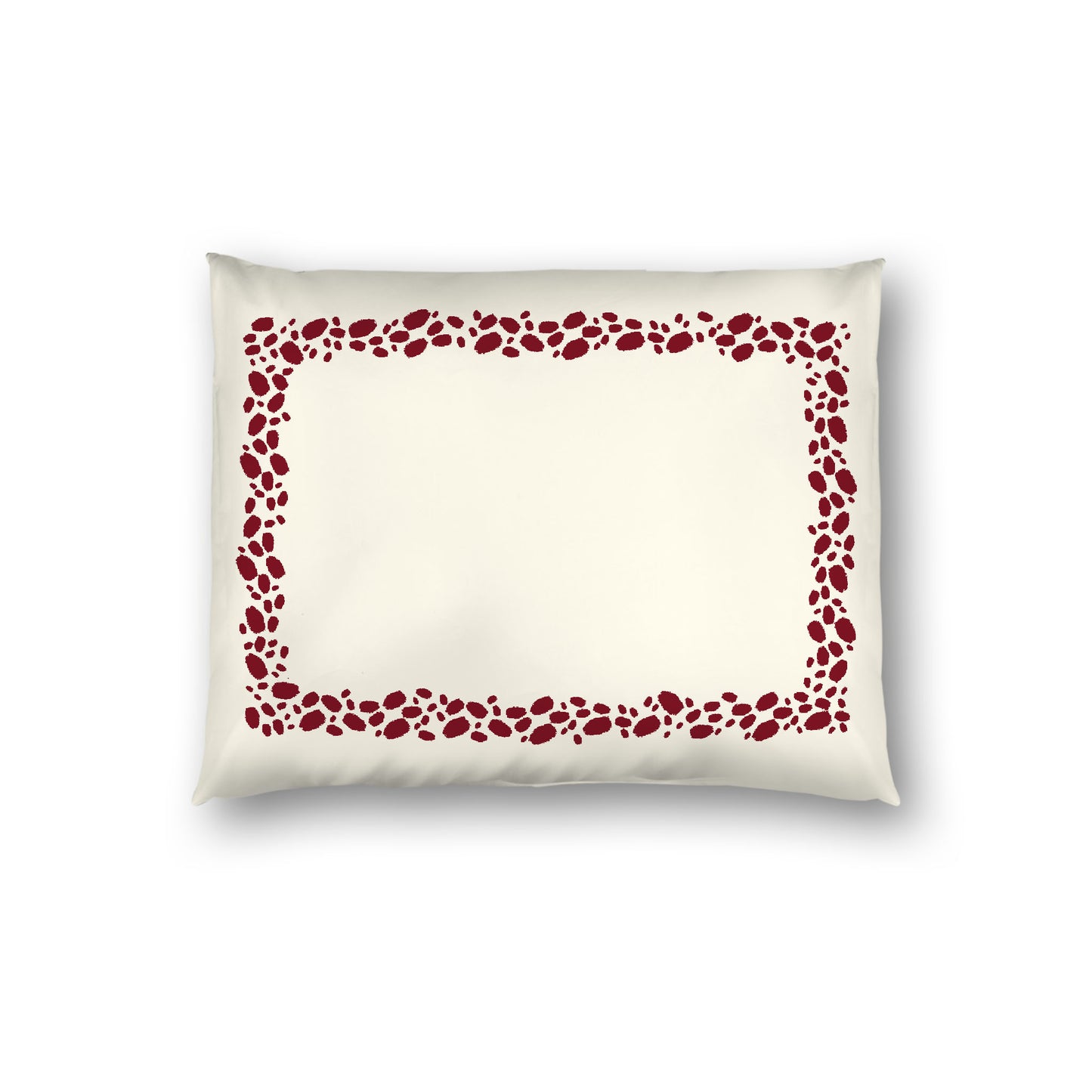 Pale Cream Cotton Sateen Pillow Sham, Burgundy Red Hand-painted Dab Motif Print, Classic Border, White Reverse Side, Standard - 20 x 26 inches