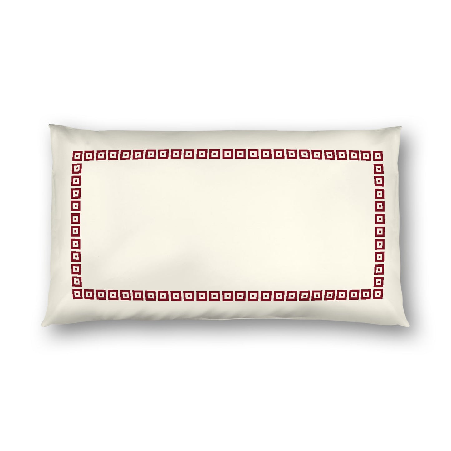 Pale Cream Cotton Sateen Pillow Sham, Burgundy Red Repeating Square Motif Print, Classic Border, White Reverse Side, King - 20 x 36 inches