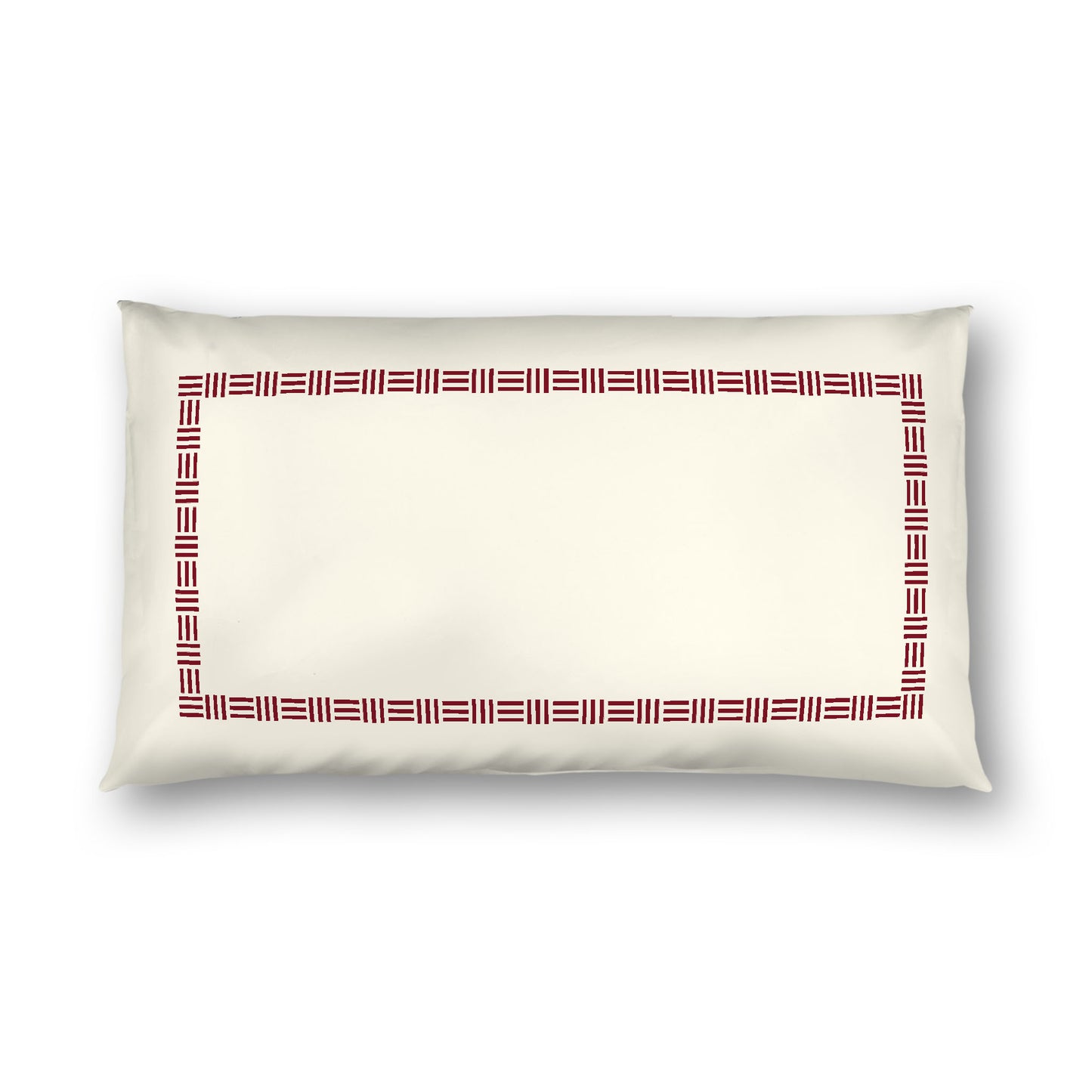 Pale Cream Cotton Sateen Pillow Sham, Burgundy Red Single Weave Motif Print, Classic Border, White Reverse Side, King - 20 x 36 inches