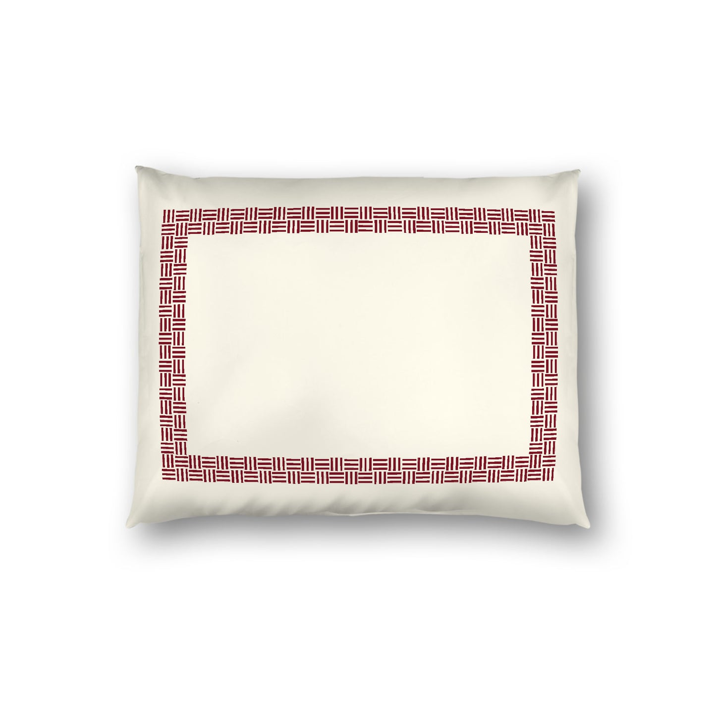 Pale Cream Cotton Sateen Pillow Sham, Burgundy Red Double Weave Motif Print, Classic Border, White Reverse Side, Standard - 20 x 26 inches