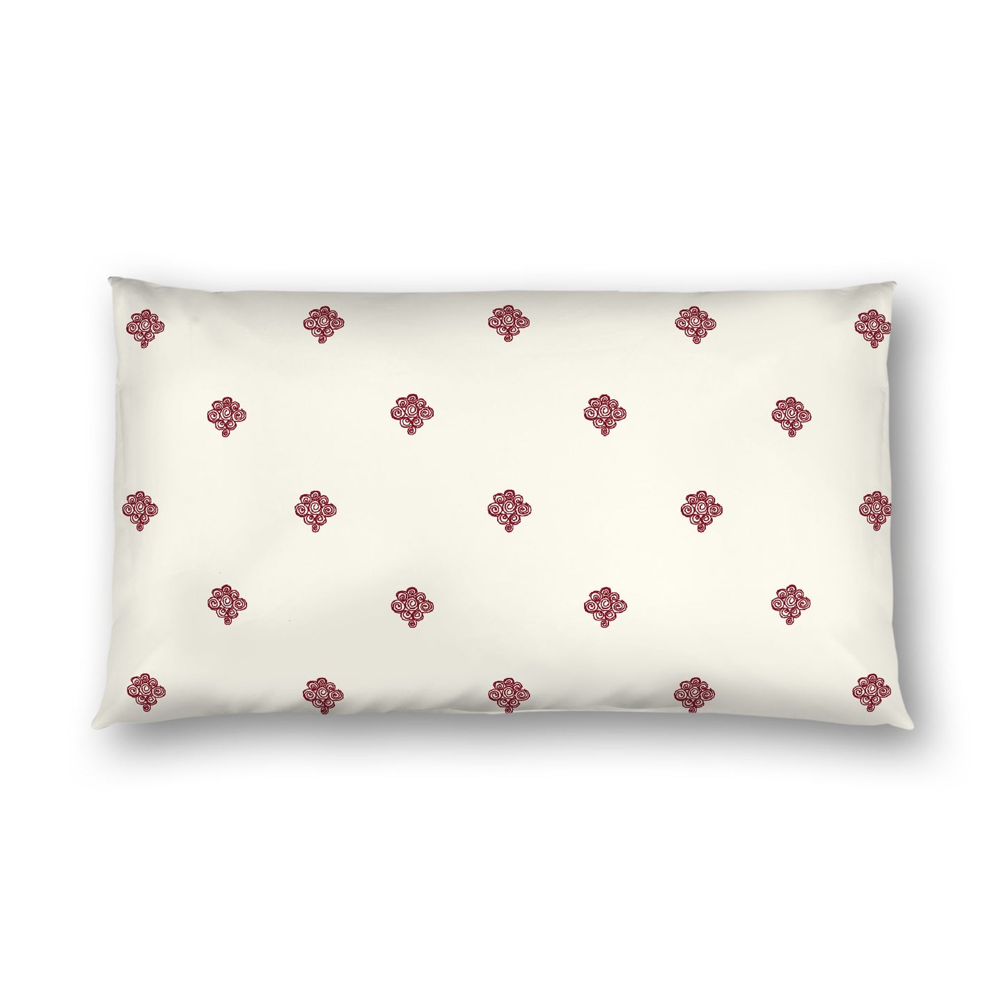 Pale Cream Cotton Sateen Pillow Sham, Burgundy Red Hand-painted Swizzle Motif Print, White Reverse Side, King - 20 x 36 inches
