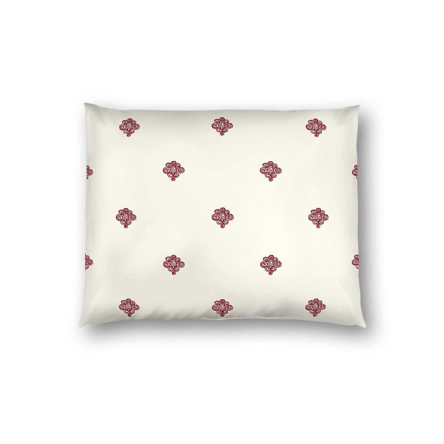 Pale Cream Cotton Sateen Pillow Sham, Burgundy Red Hand-painted Swizzle Motif Print, White Reverse Side, Standard - 20 x 26 inches