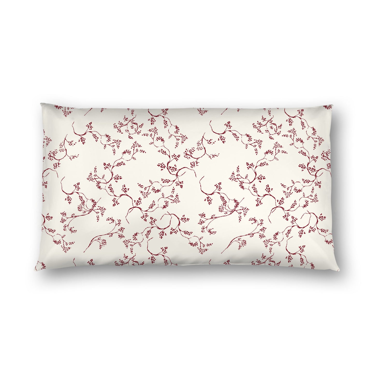Pale Cream Cotton Sateen Pillow Sham, Burgundy Red Hand-painted Vine Print, White Reverse Side, King - 20 x 36 inches