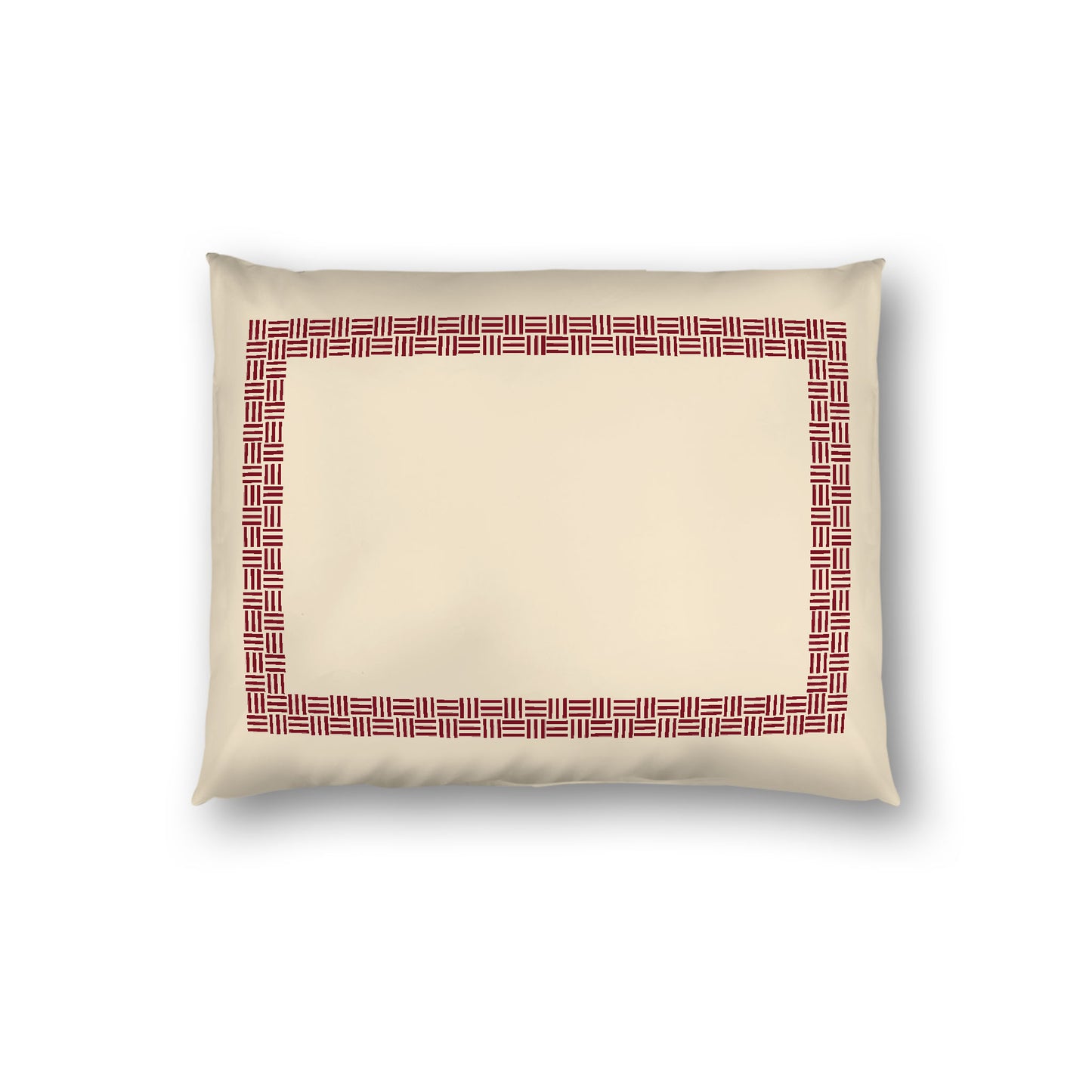 Beige Cotton Sateen Pillow Sham, Burgundy Red Double Weave Motif Print, Classic Border, White Reverse Side, Standard - 20 x 26 inches
