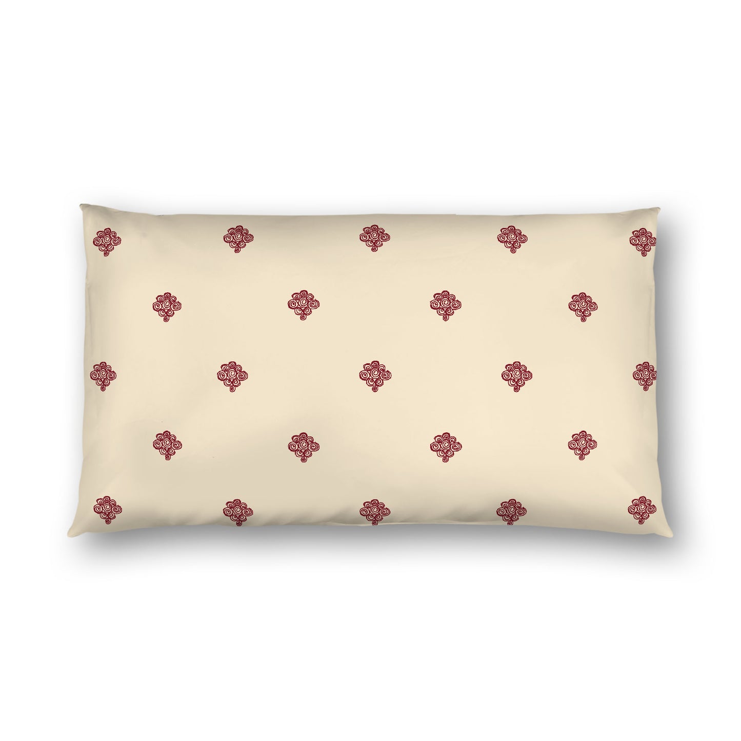 Beige Cotton Sateen Pillow Sham, Burgundy Red Hand-painted Swizzle Motif Print, White Reverse Side, King - 20 x 36 inches