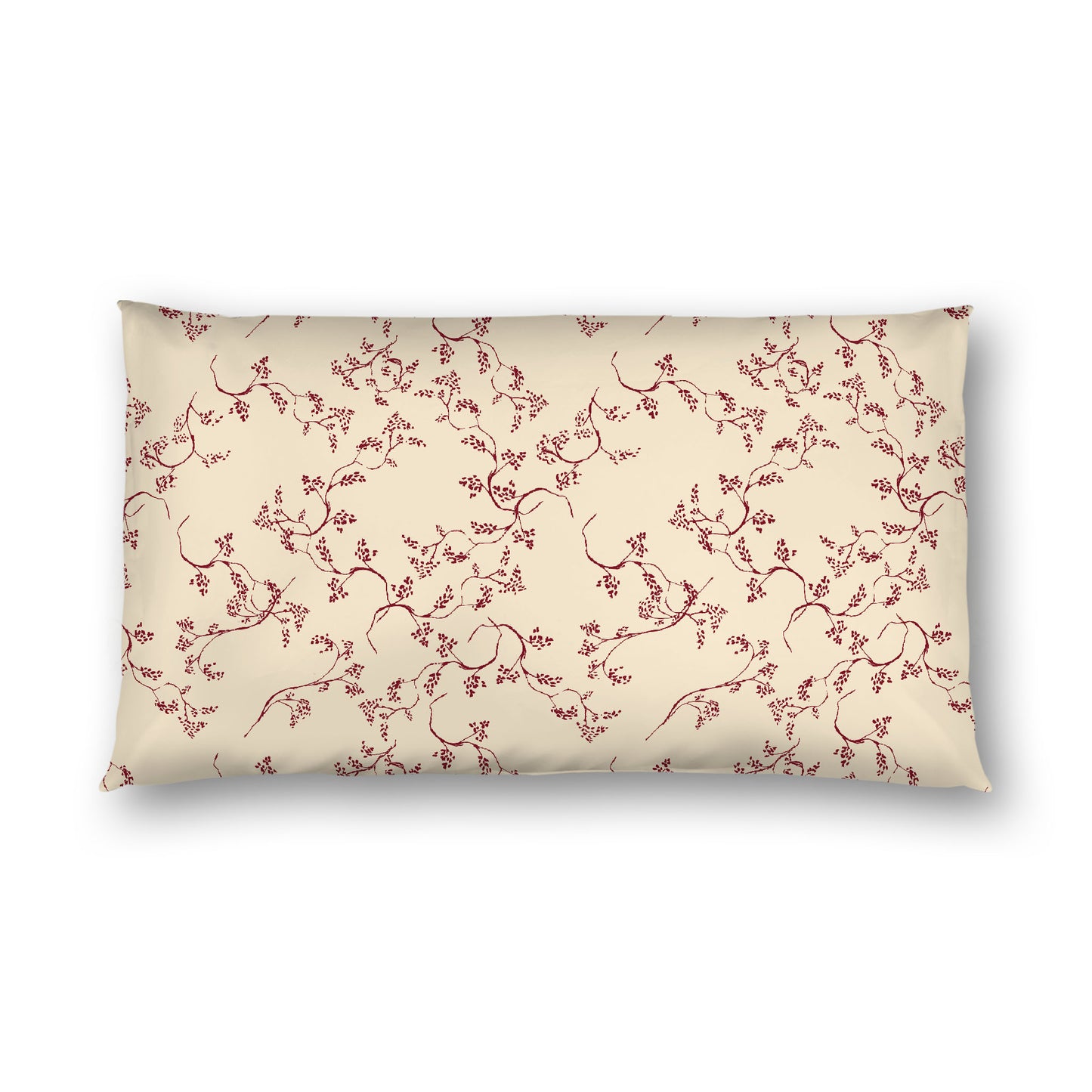 Beige Cotton Sateen Pillow Sham, Burgundy Red Hand-painted Vine Print, White Reverse Side, King - 20 x 36 inches