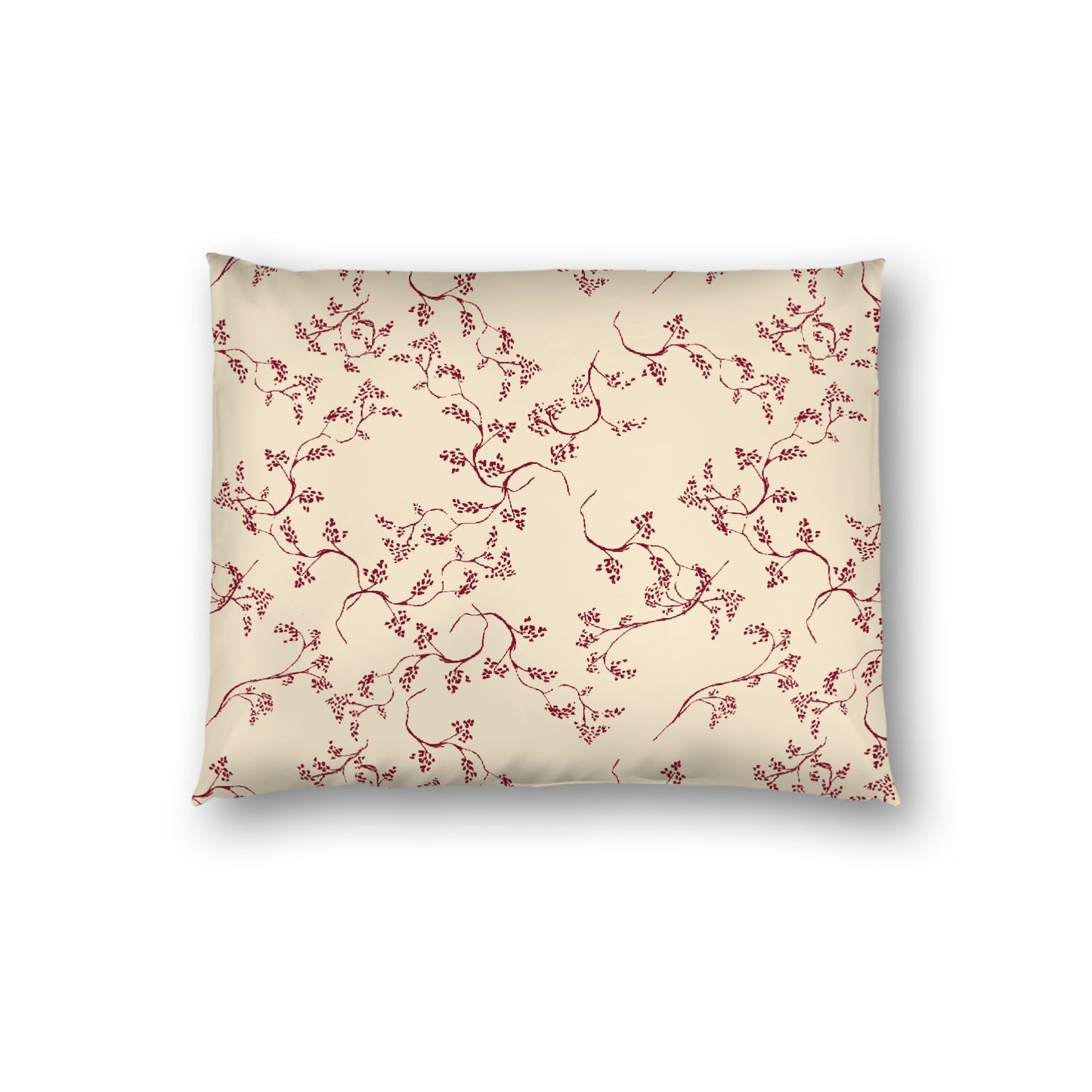 Beige Cotton Sateen Pillow Sham, Burgundy Red Hand-painted Vine Print, White Reverse Side, Standard - 20 x 26 inches