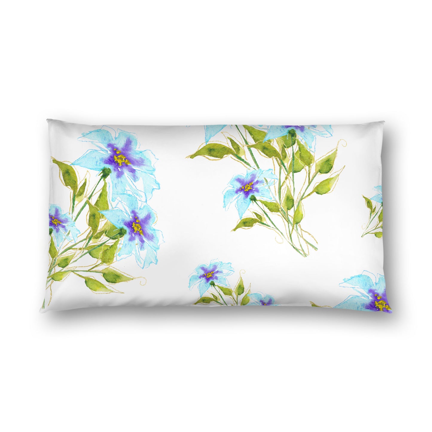 Off-White Cotton Sateen Pillow Sham, Large Blue Floral Print, King - 20 x 36 inches