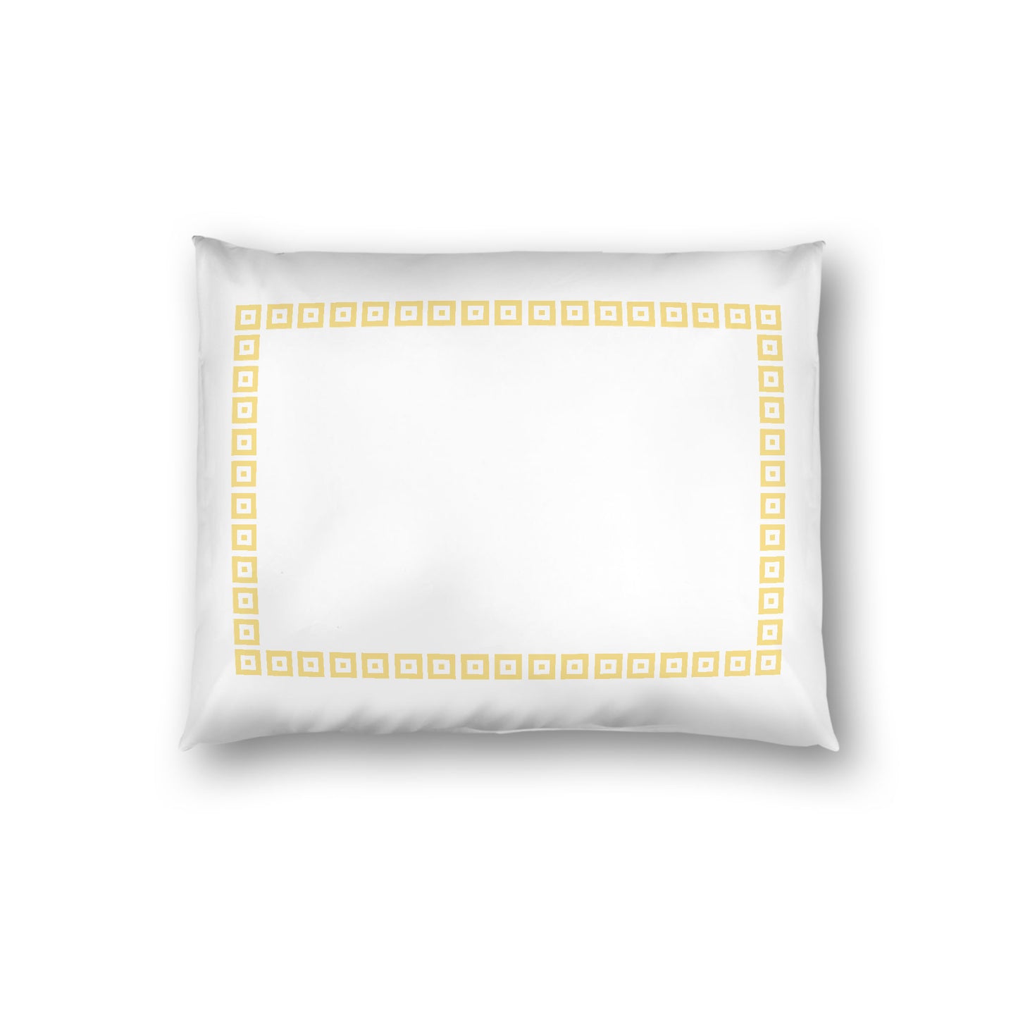 Off-white Cotton Sateen Pillow Sham, Yellow Repeating Square Motif Print, Classic Border, White Reverse Side, Standard - 20 x 26 inches