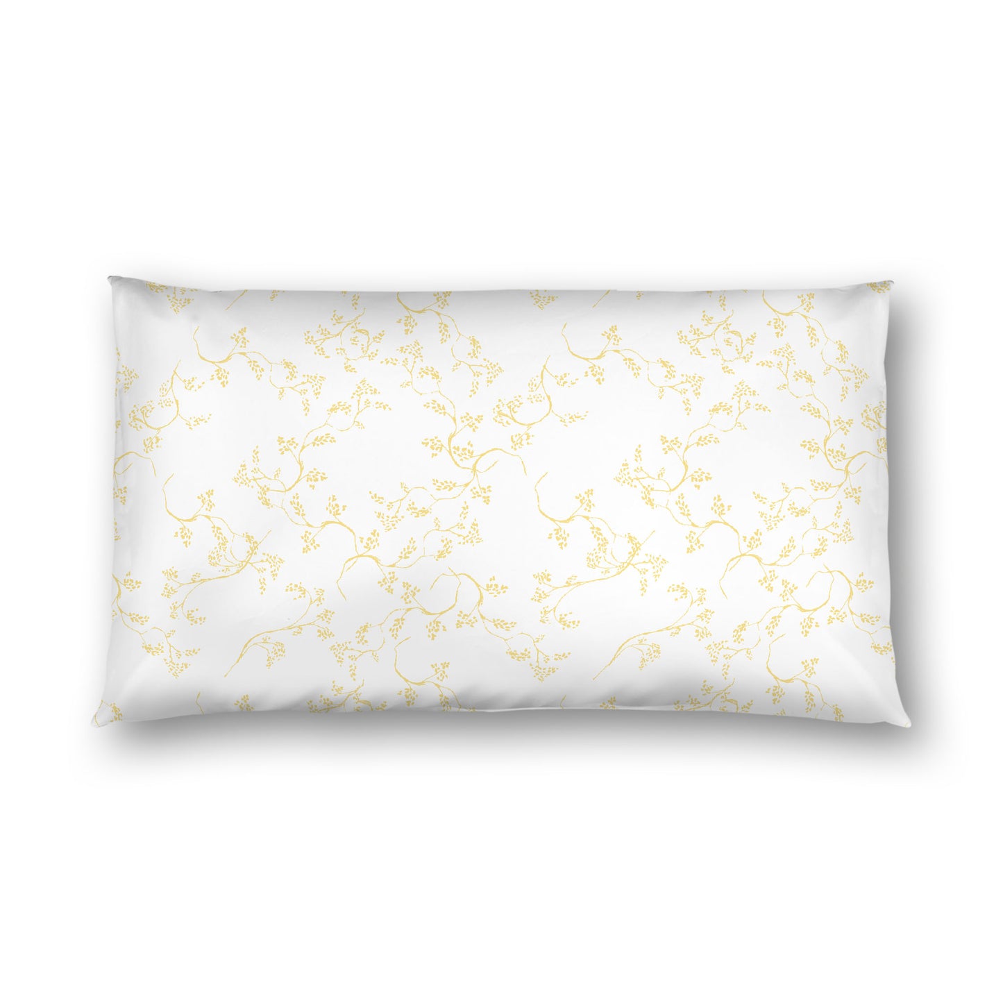 Off-white Cotton Sateen Pillow Sham, Yellow Hand-painted Vine Print, White Reverse Side, King - 20 x 36 inches