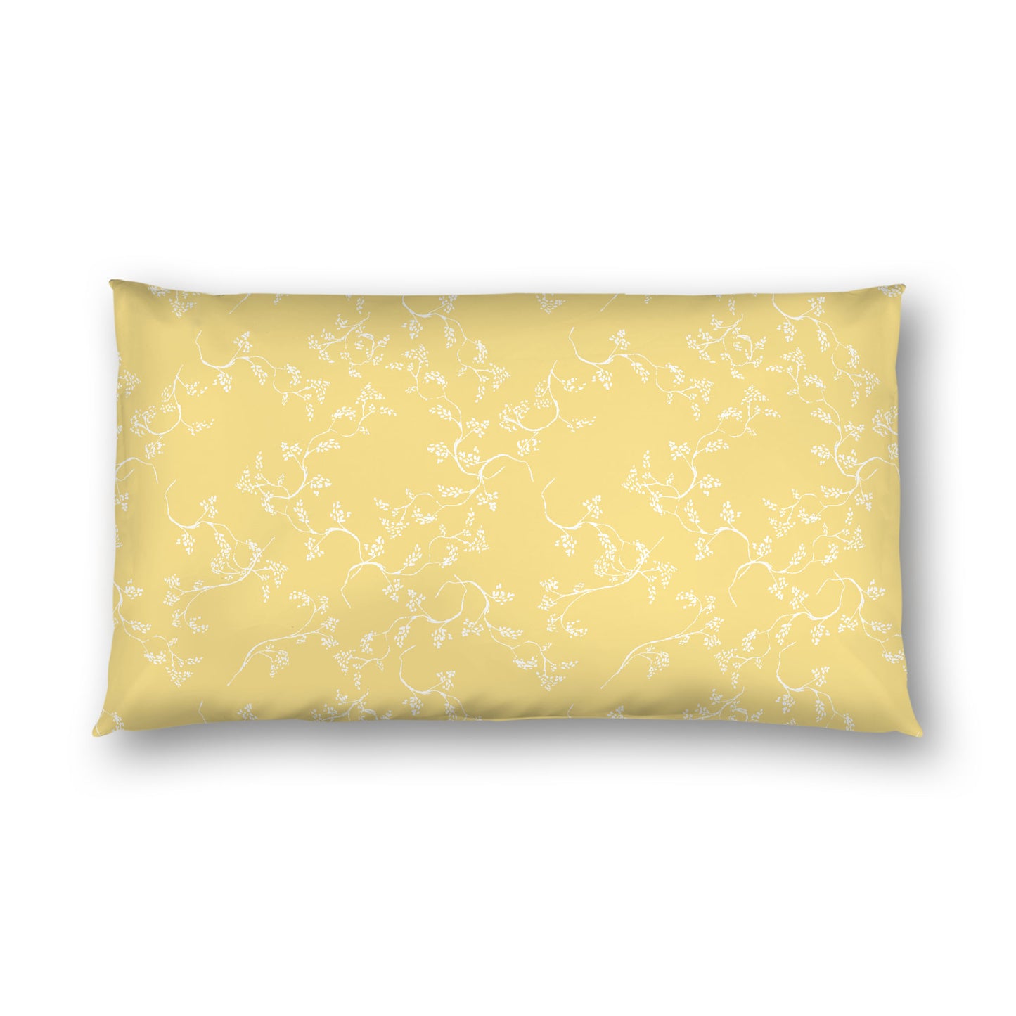 Yellow Cotton Sateen Pillow Sham, Off-white Vine Print on Front, White Reverse Side, King - 20 x 36 inches