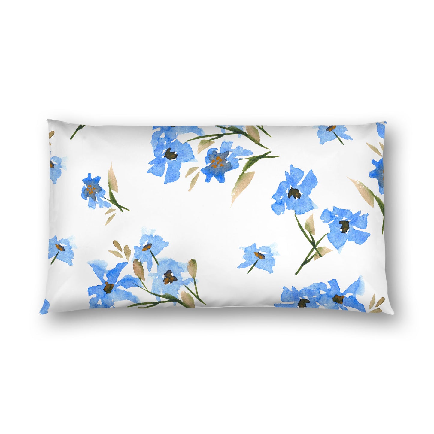 Off-White Cotton Sateen Pillow Sham, Large Blue Floral Print, King - 20 x 36 inches