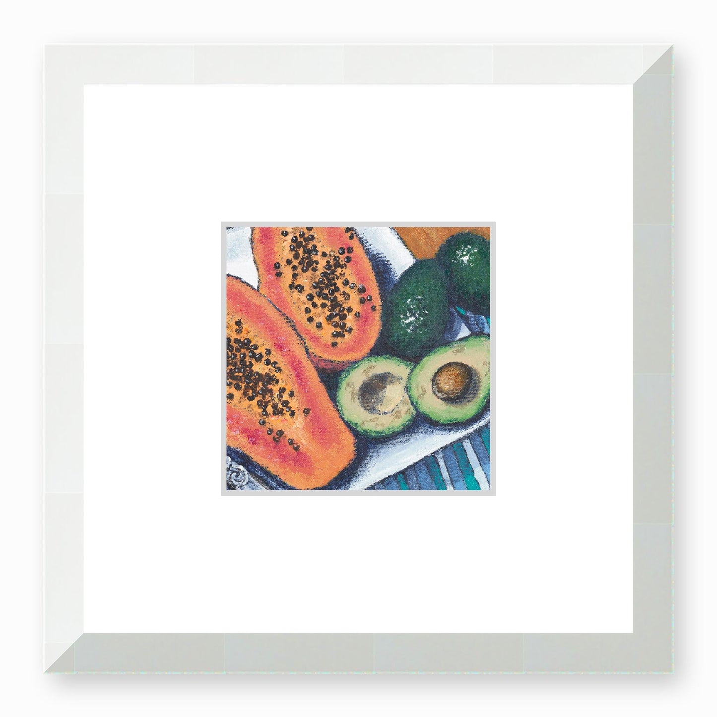 Framed Fine Art Print, Faux Mat - 12x12 inches | Papayas & Avocados in Acrylic, FMS-1000-1105, Prints, Fine art, White Frame,12 x 12 inches