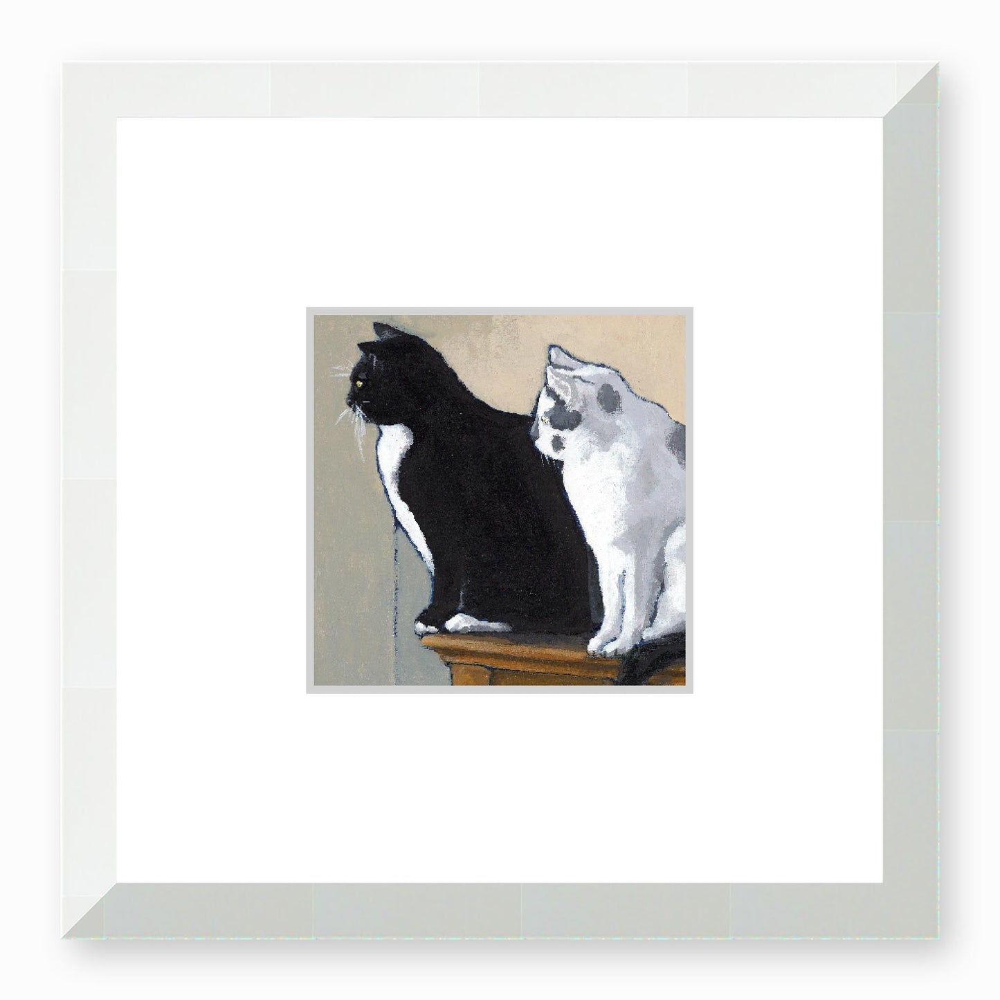 Framed Fine Art Print, Faux Mat - 12x12 inches | Black Cat White Cat in Acrylic, FMS-1000-1122, Prints, Fine art, White Frame,12 x 12 inches