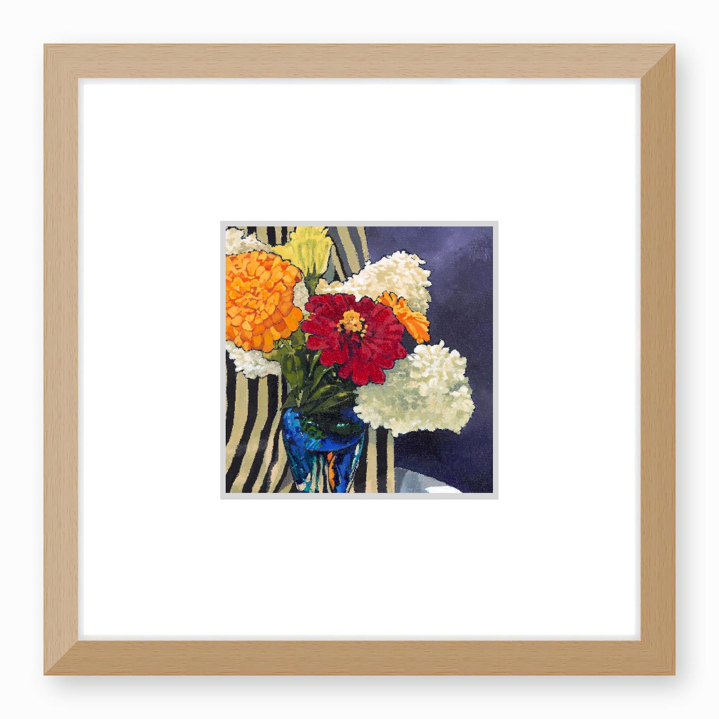 Framed Fine Art Print, Faux Mat - 12x12 inches | Hydrangeas & Zinnias in Acrylic, FMS-1030, Prints, Fine art, Natural Frame,12 x 12 inches