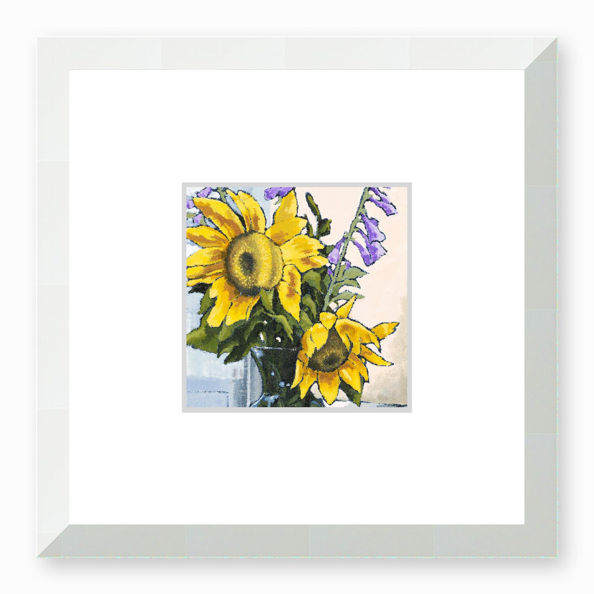 Sunflowers Framed Fine Art Print with Faux Mat Board | 12 x 12 inches | White Frame