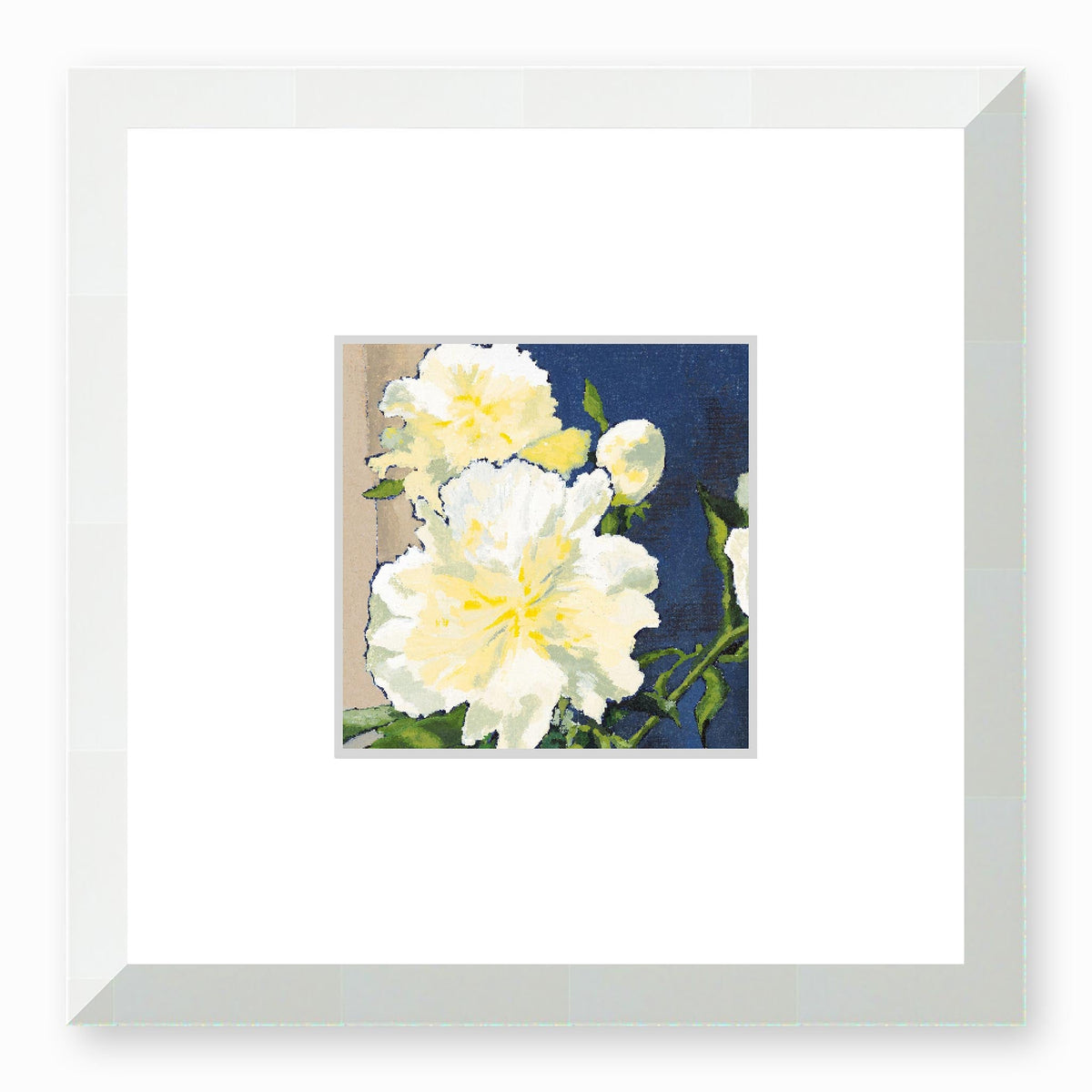 White Peonies Framed Fine Art Print with Faux Mat Board | 12 x 12 inches | White Frame