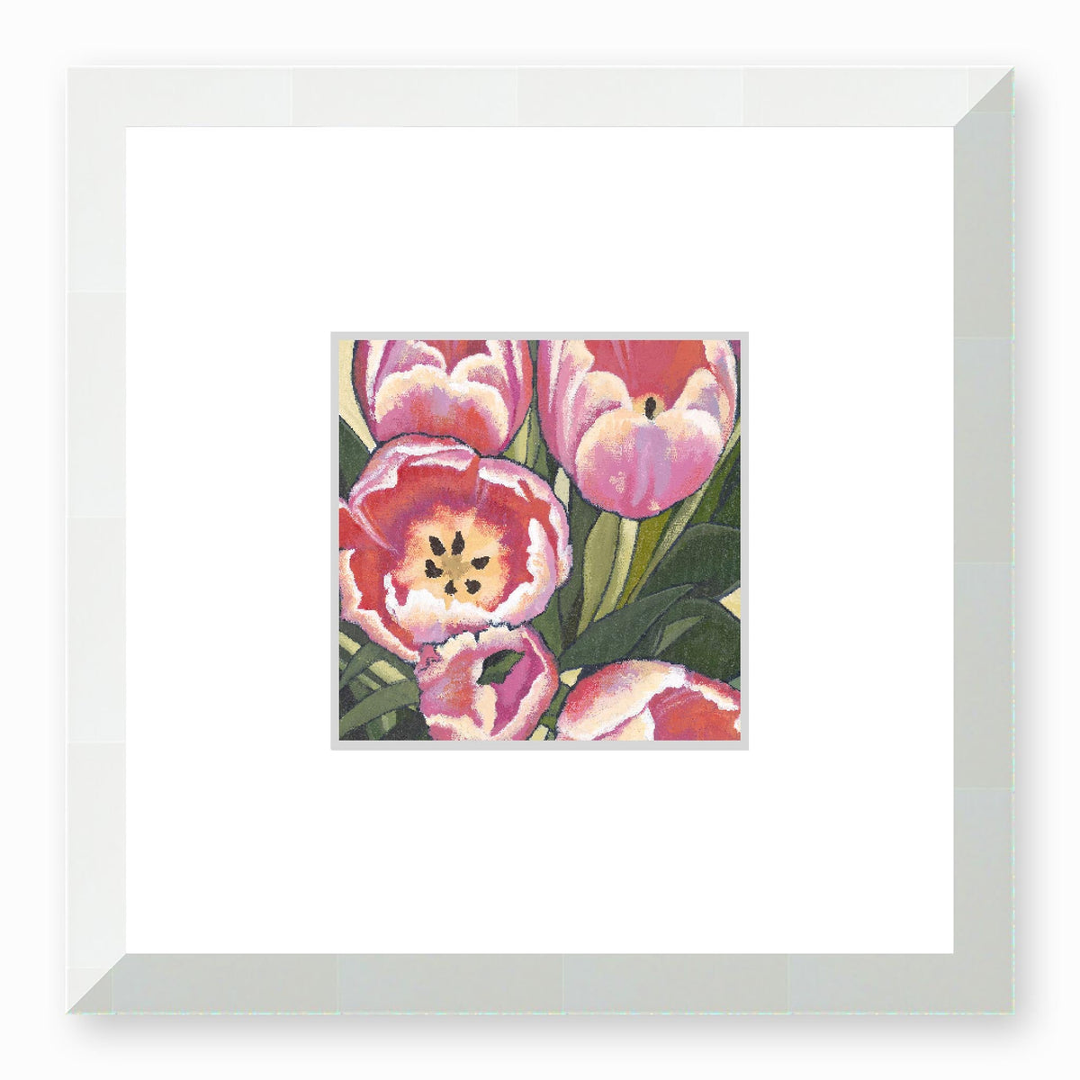 Pink Tulips Framed Fine Art Print with Faux Mat Board | 12 x 12 inches | White Frame