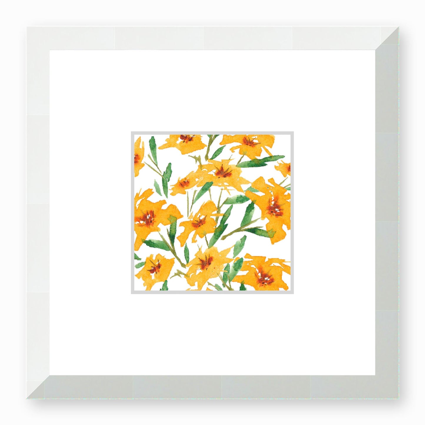 Framed Fine Art Print, Faux Mat - 12x12 inches | Yellow-Orange Floral Watercolour, fms-1310-001, Prints, Fine art, White Frame,12 x 12 inches